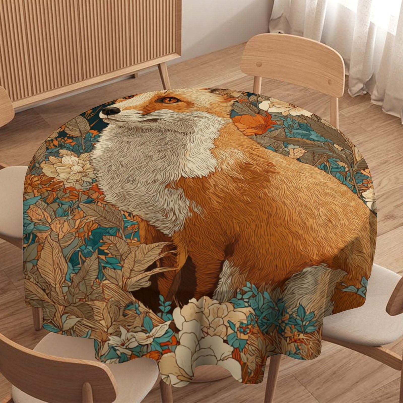LUYYSKY Beautiful Abstract Fox Round Tablecloth Rustic Aesthetic Autumn Daisies Flowers Animals Foxes Print Washable Decor for Table Cover for Kitchen-127 Wx127 L cm