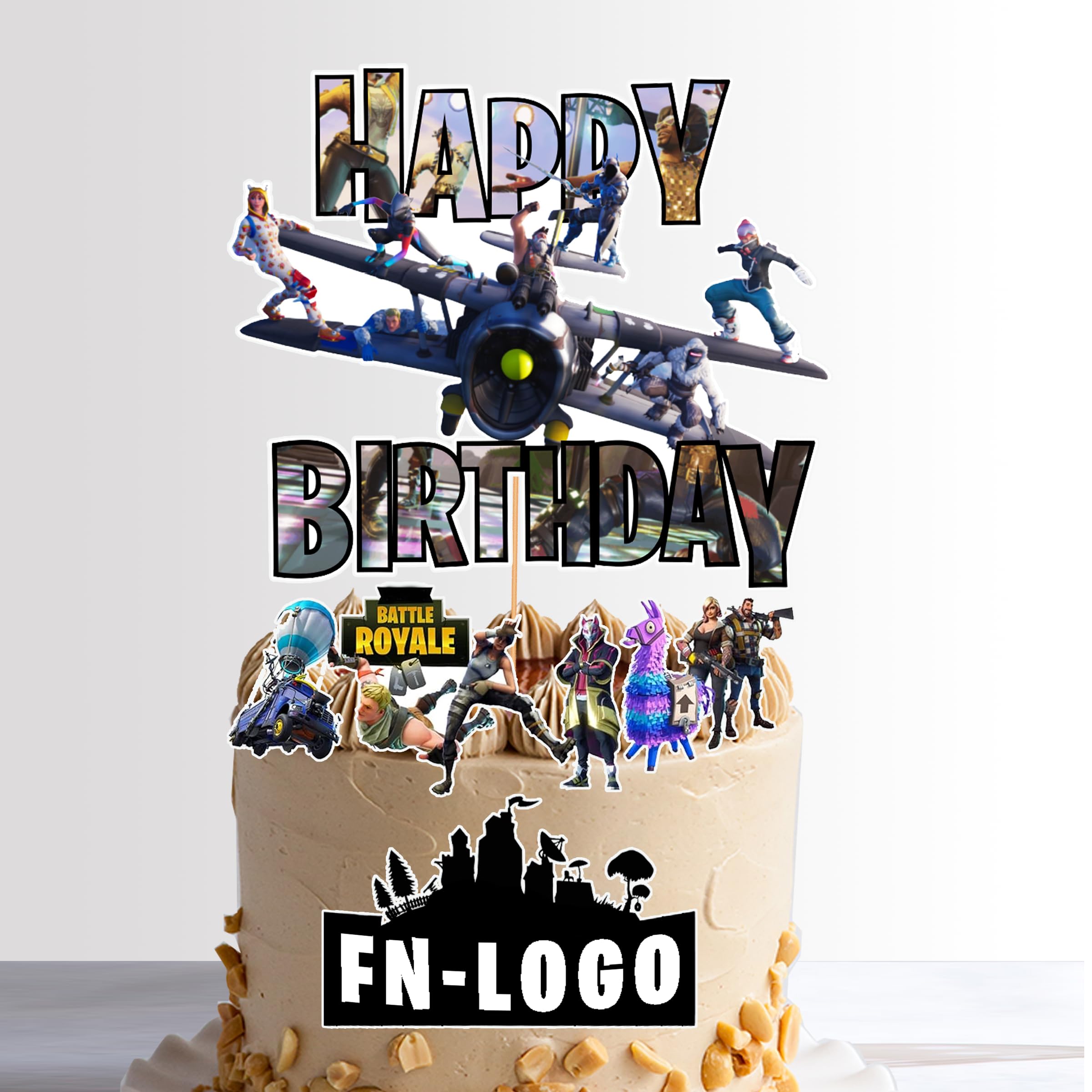 Video Game Happy Birthday Cake Topper 15cm + 7 Characters + Wafer Paper Badge Party Supplies Decoration Supplies for Kids Adults Girls Boys (Main Topper + Characters + Wafer Badge)