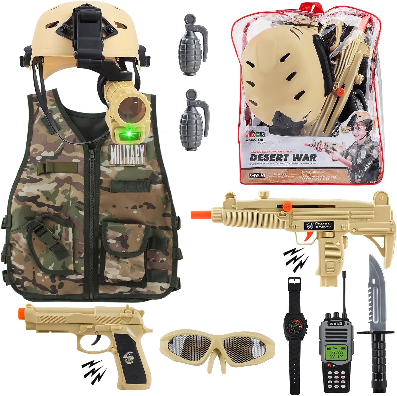 deAO Military Soldier Camouflage Desert War Costume Set with Helmet, Toy Shotgun, Grenades, Accessories, and Storage Backpack, Army Roly Play Toys, Washable Soldier Dress- Great Gift for Kids