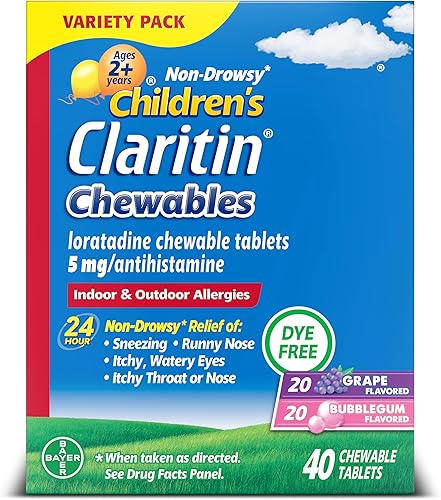 Claritin Medicamento para alergias infantiles, tabletas masticables de loratadina de 5 mg sin somnolencia las 24 horas, antihistamínico para niños