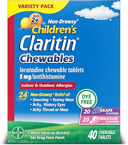 Claritin Childrens Allergy Medicine, 24-Hour Non-Drowsy Loratadine 5mg Chewable Tablet, Antihistamine for Kids Ages 2 Years and Older, Grape & Bubble Gum Flavors, 40 Tablets Claritin Children