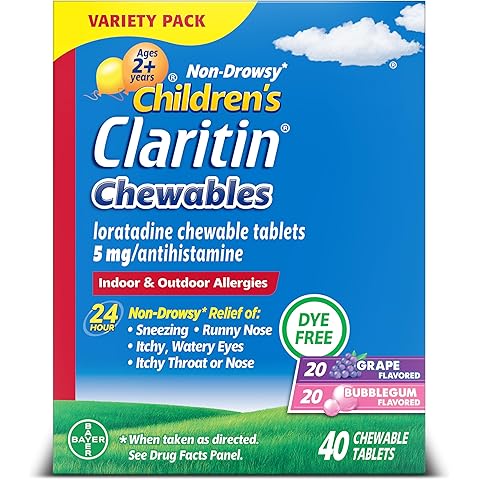 Claritin Children's Allergy Medicine, 24-Hour Non-Drowsy Loratadine 5mg Chewable Tablet, Antihistamine for Kids Ages 2 Years and Older, Grape & Bubble Gum Flavors, 40 Tablets