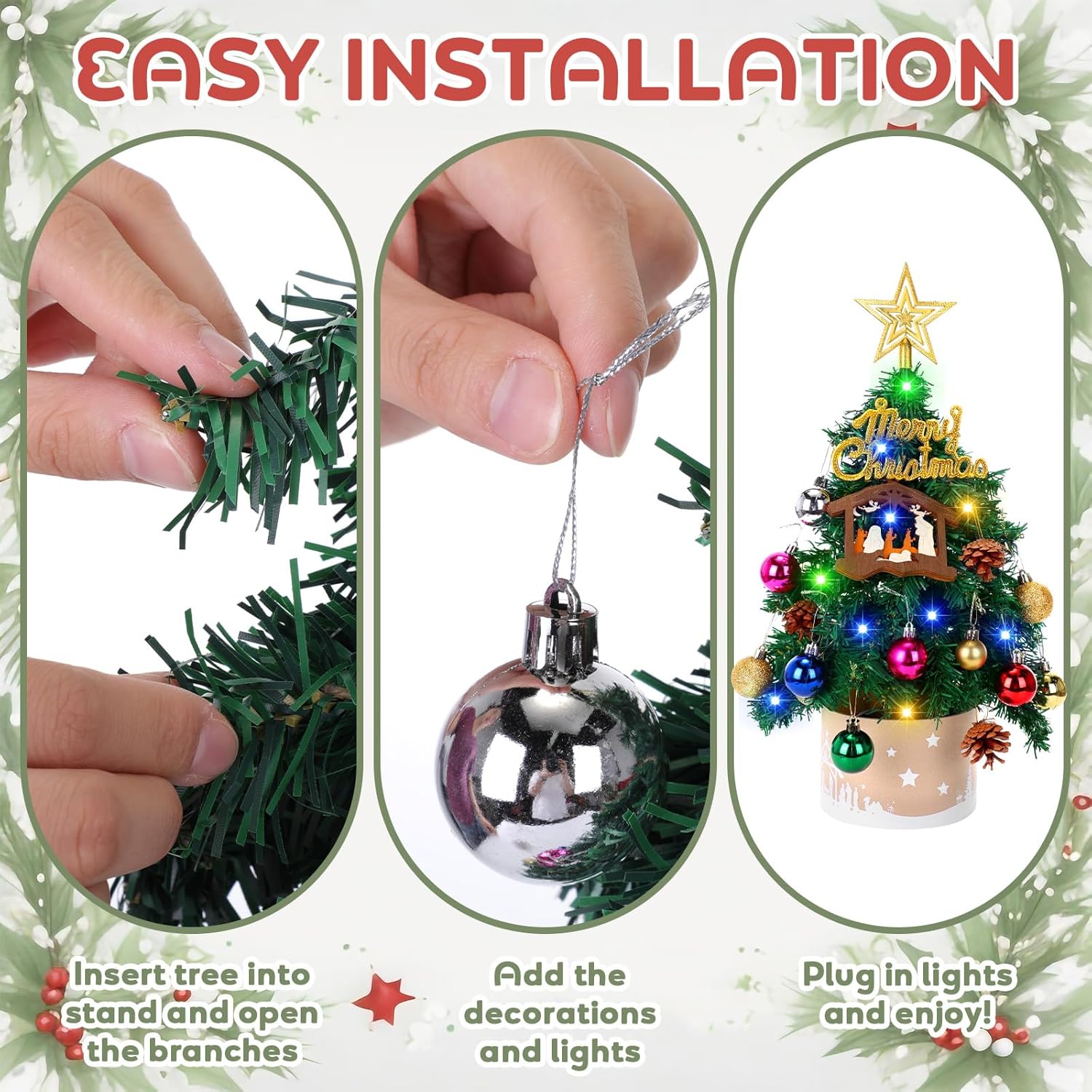 Sotiff Small Christmas Tree with Lights- 22 Inch Mini Tabletop Christmas Tree with LED Lights, Nativity Mini Xmas Decor with Star Treetop and Hanging Ornament, Holiday Indoor DIY Xmas Decoration