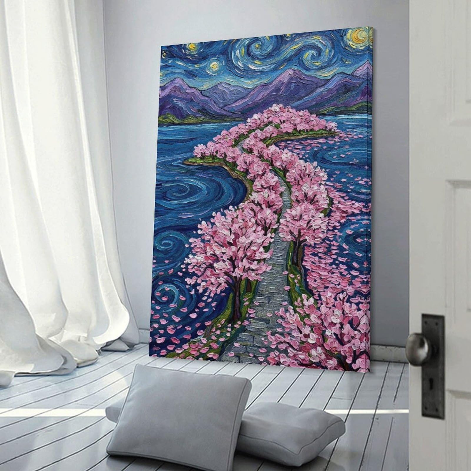 Junmoney Cherry Blossom Path Under Starry Night Home Decor Wall Art, 20x30inch(50x75cm), for Home Walls, Creative Rooms Or Shared Spaces, An Adaptable Decor Piece for Home Use