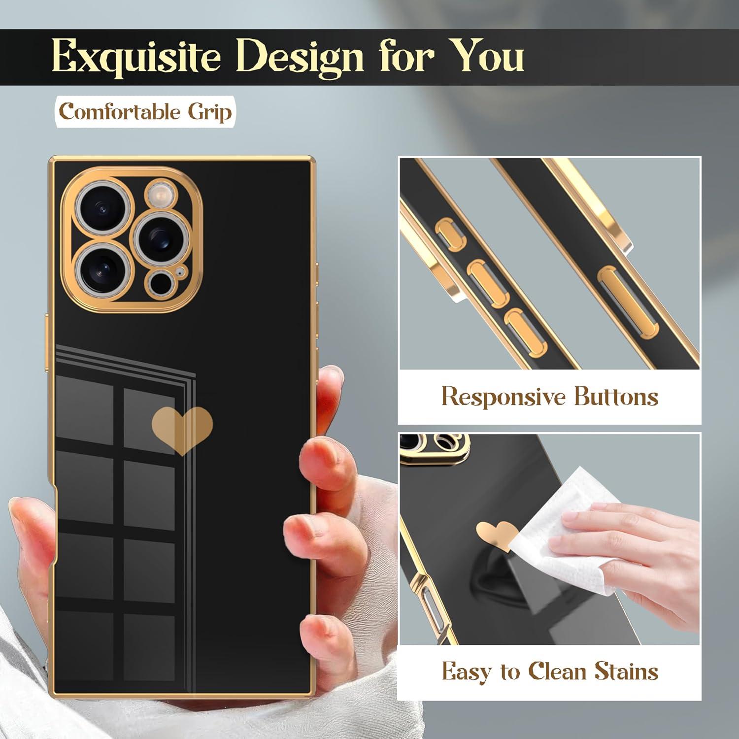 IAIYOXI Case for iPhone 14 - Rectangle Design, Full Camera Protection, Cute Heart Pattern, Electroplated Reinforced Corners, Shockproof Edge Bumper,Compatible with iPhone 14,Black