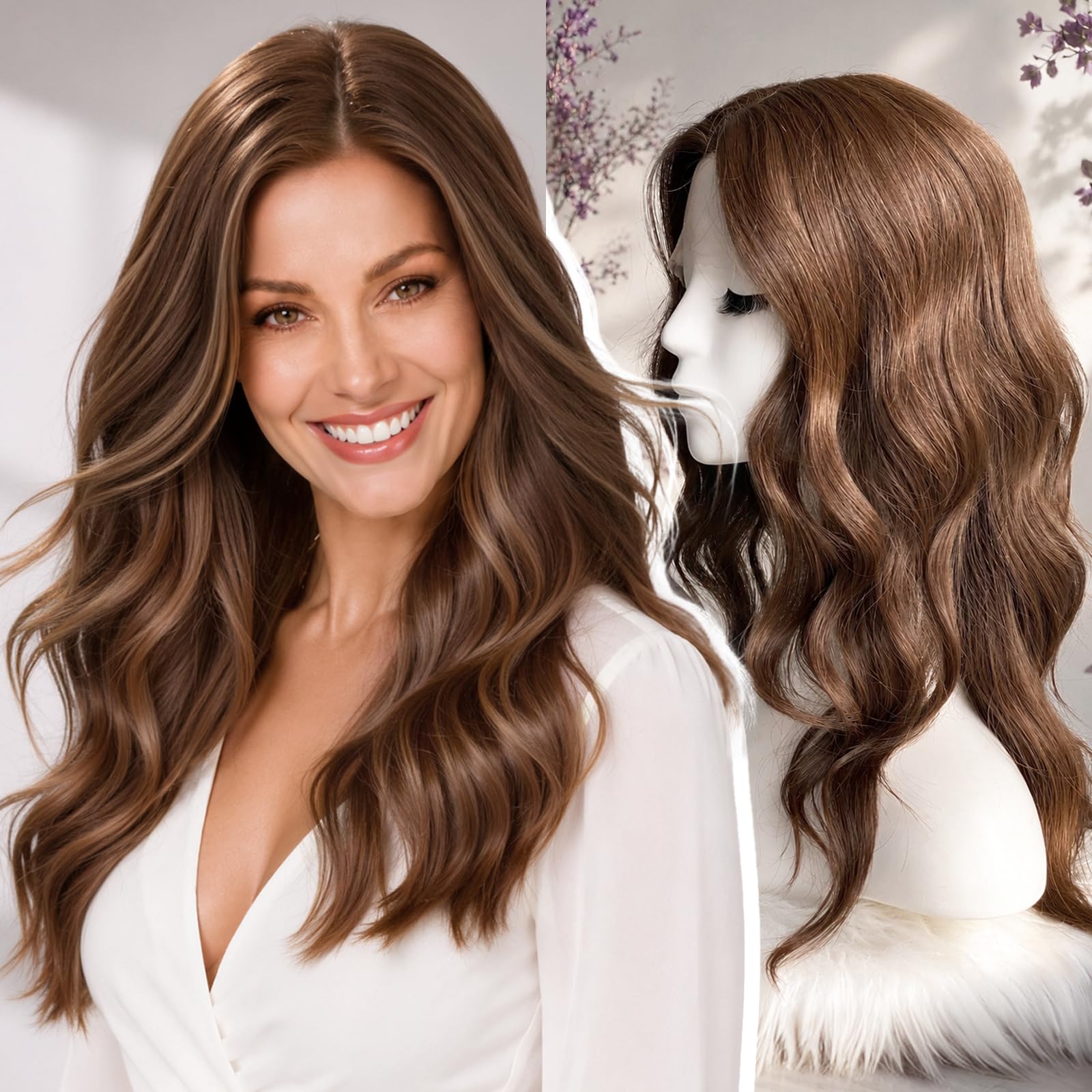 KOME Brown Human Hair Blend Lace Front Wig, T Part Glueless Curly Wavy Wigs for Women Daily Use 20IN（#8）