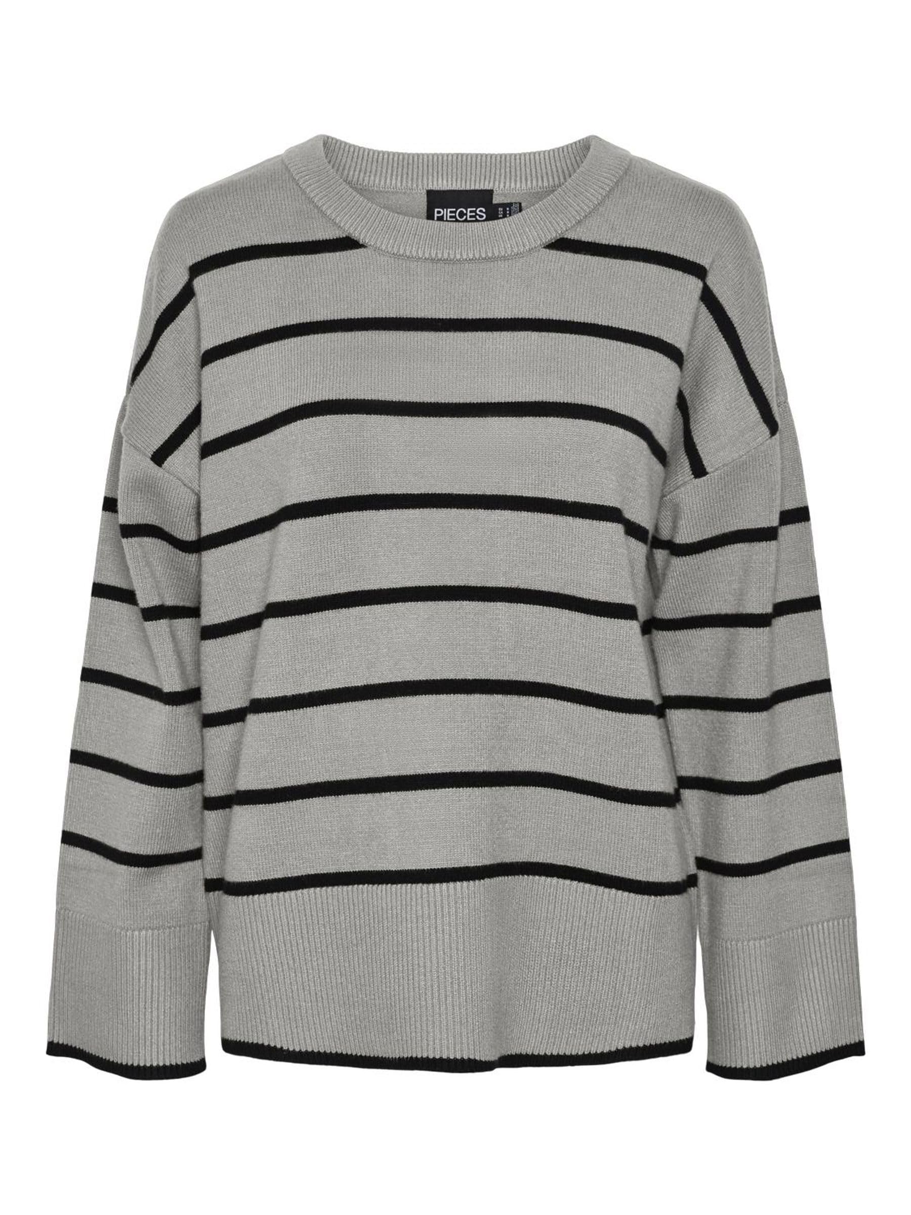 PIECES Women's Pcmathilde LS O-Neck Knit Noos Bc Jumper, Medium Grey Melange/Stripes: Black, L