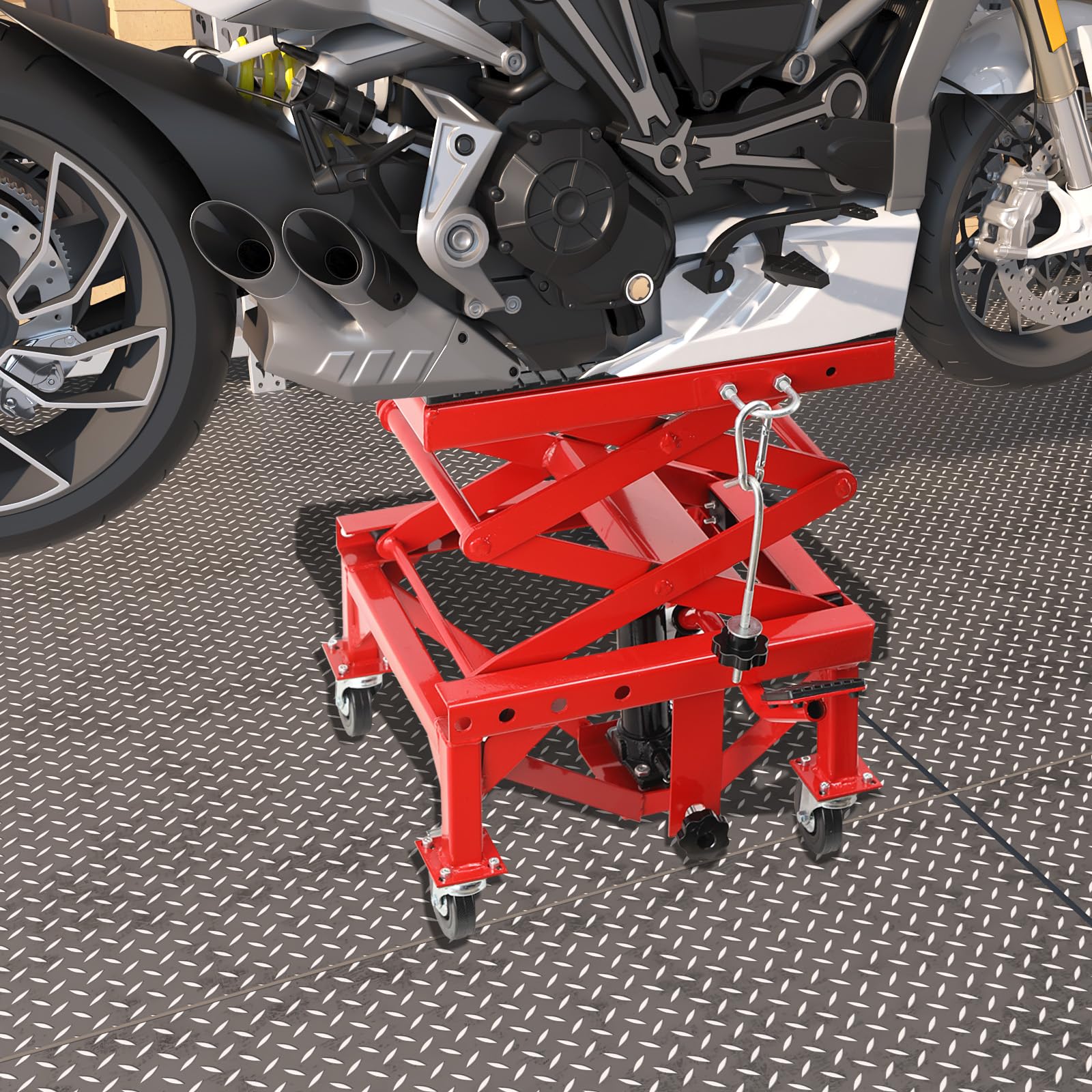 Sollevatore Idraulico per Moto con Pedale, Cavalletto Centrale a Pantografo per Moto, ATV, Enduro – Regolazione Altezza 350‑905 mm, Carico Max 158 kg, con 4 Ruote e Rotelle Universali