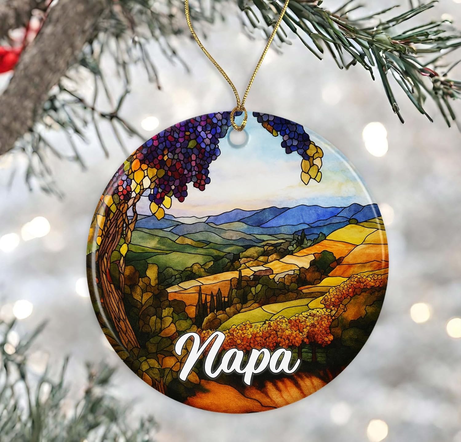 DanielDesign Napa Christmas Ornament - Travel Napa Gift - Stained Glass Style Ceramic Keepsake - Travel Gift for Tree Decoration Printed on Both Sides