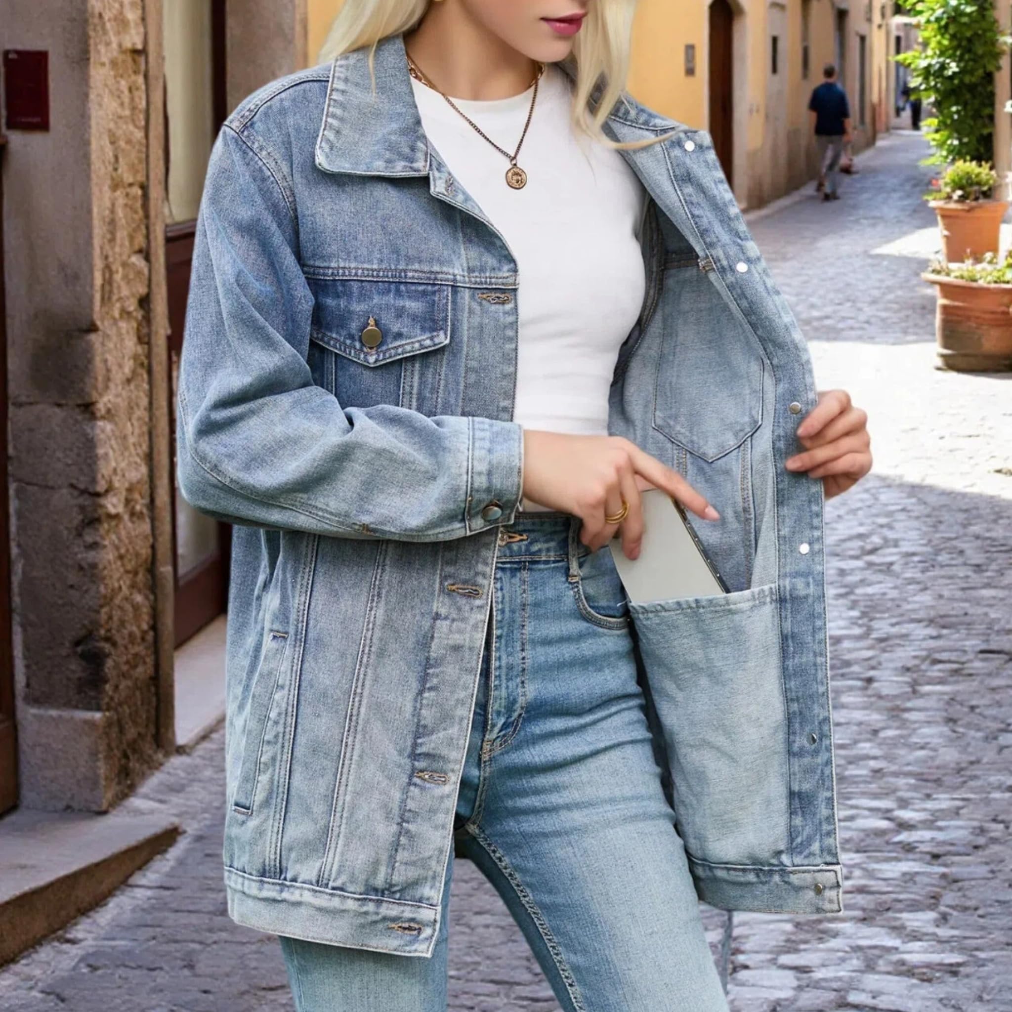 Damen Oversized Lange Jeansjacke