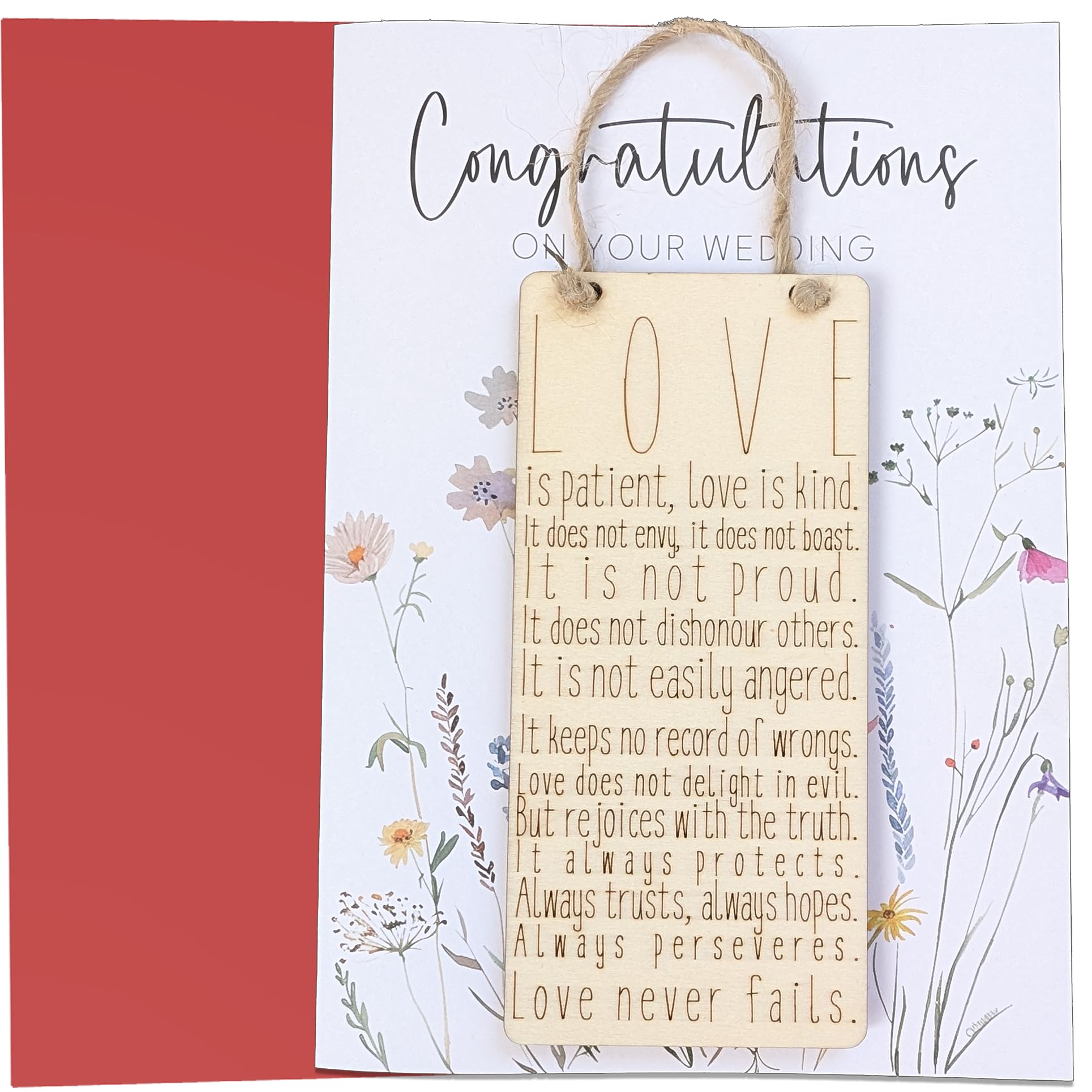 Wedding Card with Wooden Fridge Magent Sign - Love is patient, love is kind.