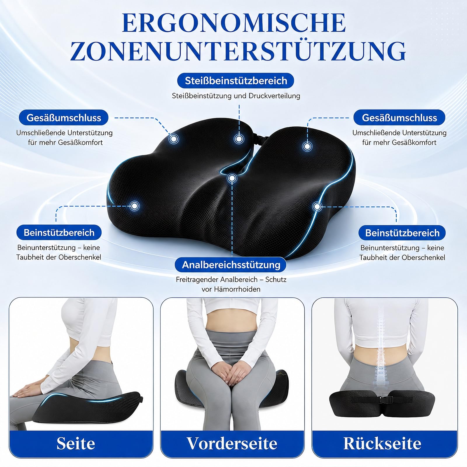 Cuscino ortopedico in memory foam, cuscino ergonomico per emorroidi, per auto, sedia a rotelle, ufficio, per alleviare il dolore al coccige, nero