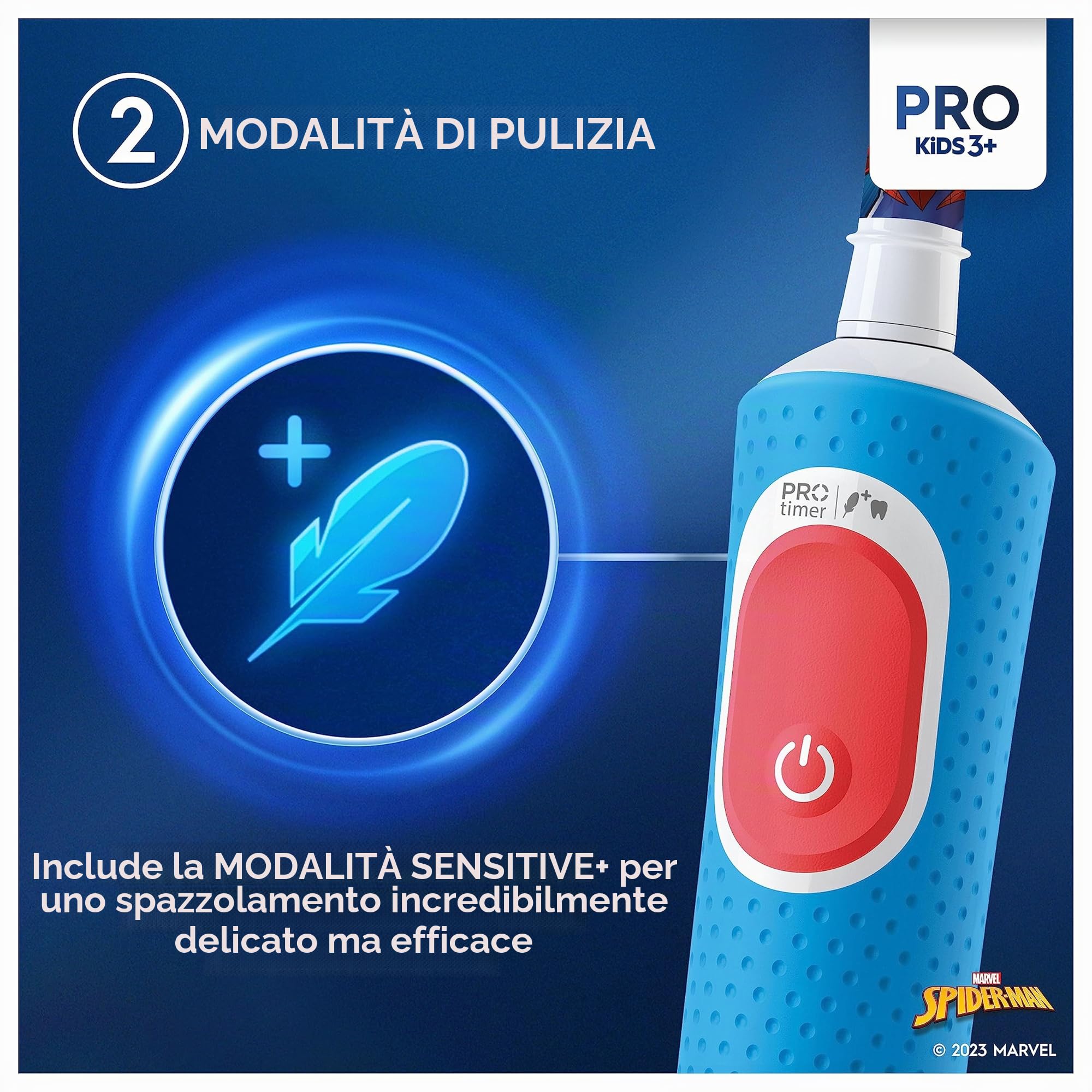 Oral-B Spazzolino elettrico Pro Kids, regalo di Natale per bambini, 1 testina per spazzolino da denti, 4 adesivi Spiderman, 2 modalità con modalità sensibile adatta ai bambini, dai 3 anni in su, spina