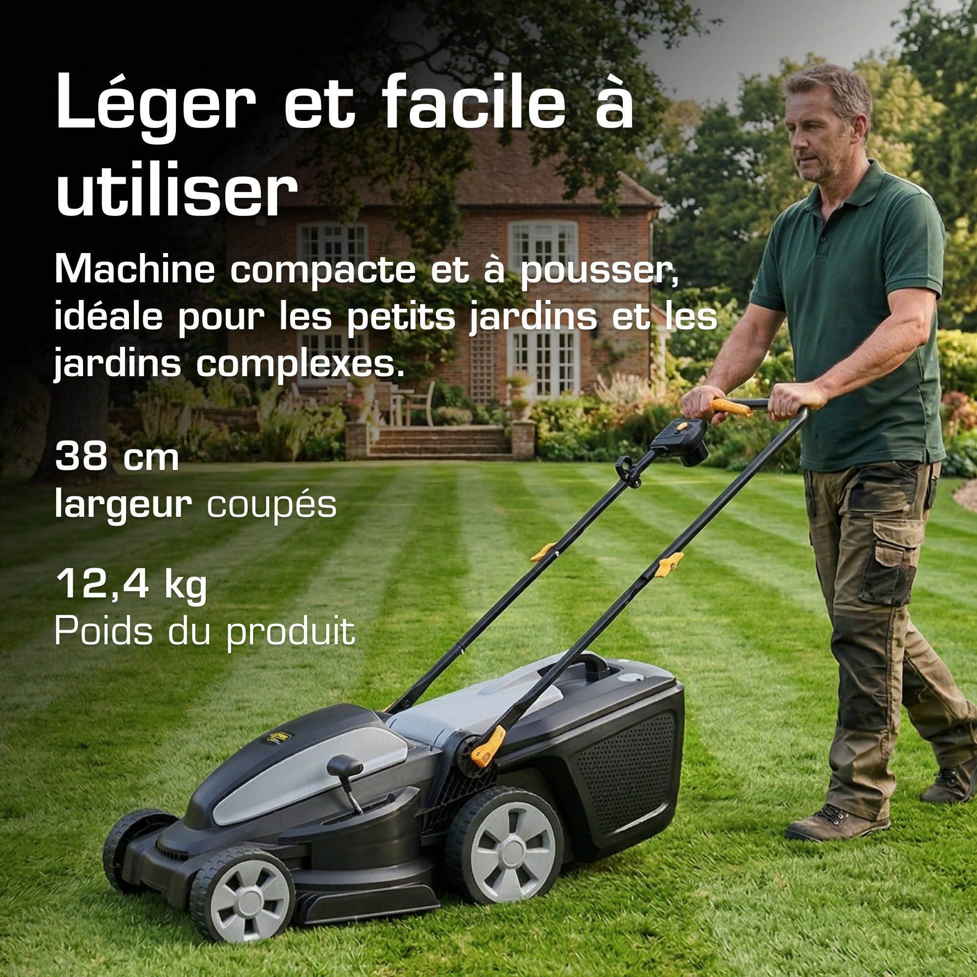 Alpina AL1 38 E Tondeuse Électrique, 1400 W, 38 cm – Bac 40 l, Réglage Centralisé 6 Positions – Idéale pour Jardins Petits et Complexes