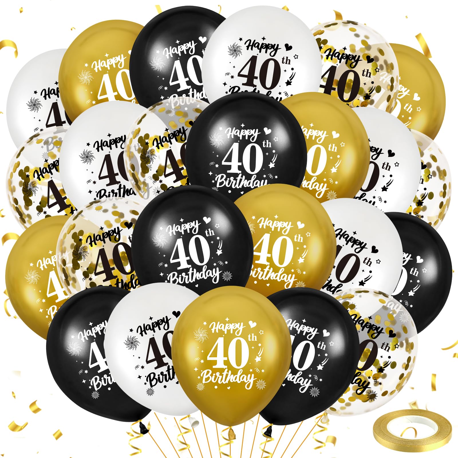 40th Birthday Balloons for Men, 24Pcs Black Gold White Happy 40th Birthday Balloons Party Decorations for Men Women 40 Years Old Party Indoor Outdoor