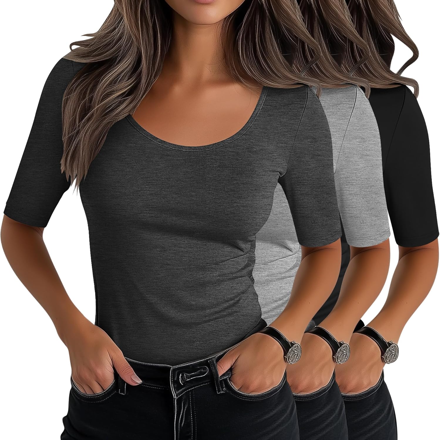 Neer 3 Pack Women's Scoop Neck Stretchy Tops Cotton Half Sleeve Slim Fitted T-Shirts Tight Casual Basic Summer Tees