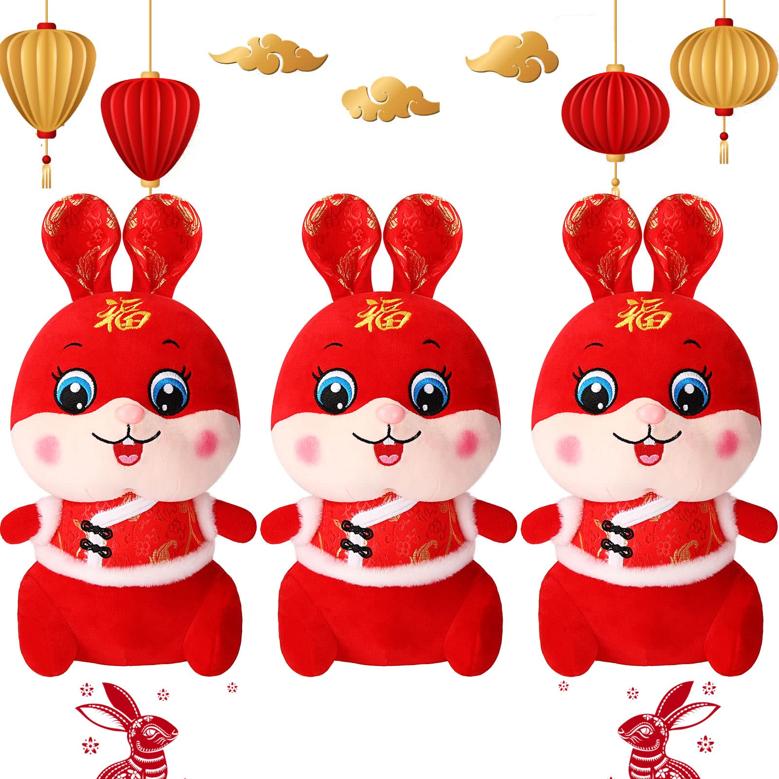Yexiya3 Pack Chinese Rabbit Year Mascot 2023 Chinese New Year Mascot Doll Rabbit Plush Toy with Tang Suit Chinese Zodiac Stuffed Animals Lucky Red Cartoon Bunny for Spring Festival Ornaments New Year Gift