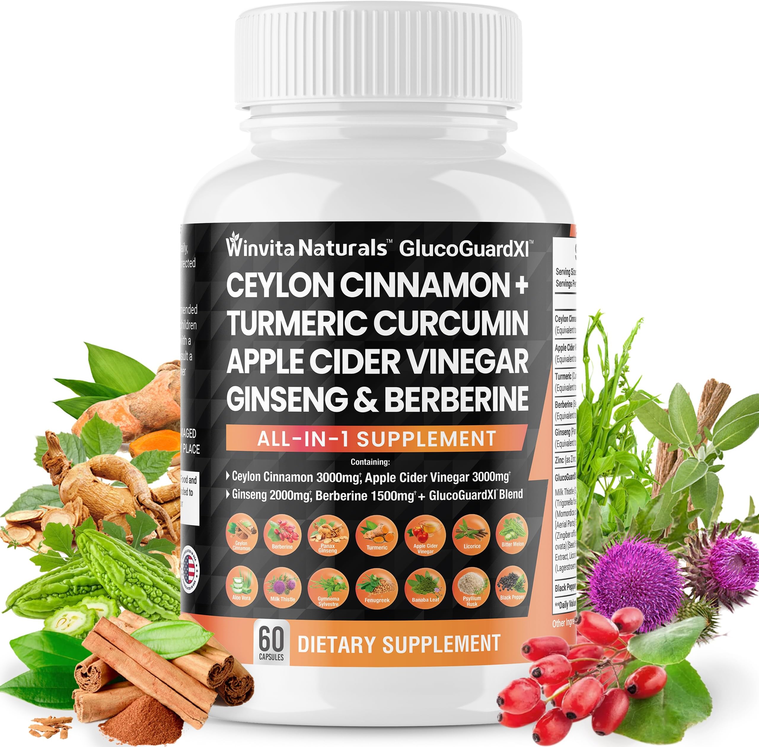 Ceylon Cinnamon 3000mg Apple Cider Vinegar 3000mg Turmeric 2000mg Panax Ginseng 2000mg Berberine 1500mg for Digestion & Gluco Health Support, Bitter Melon Gymnema Milk Thistle Fenugreek Vegan Caps USA