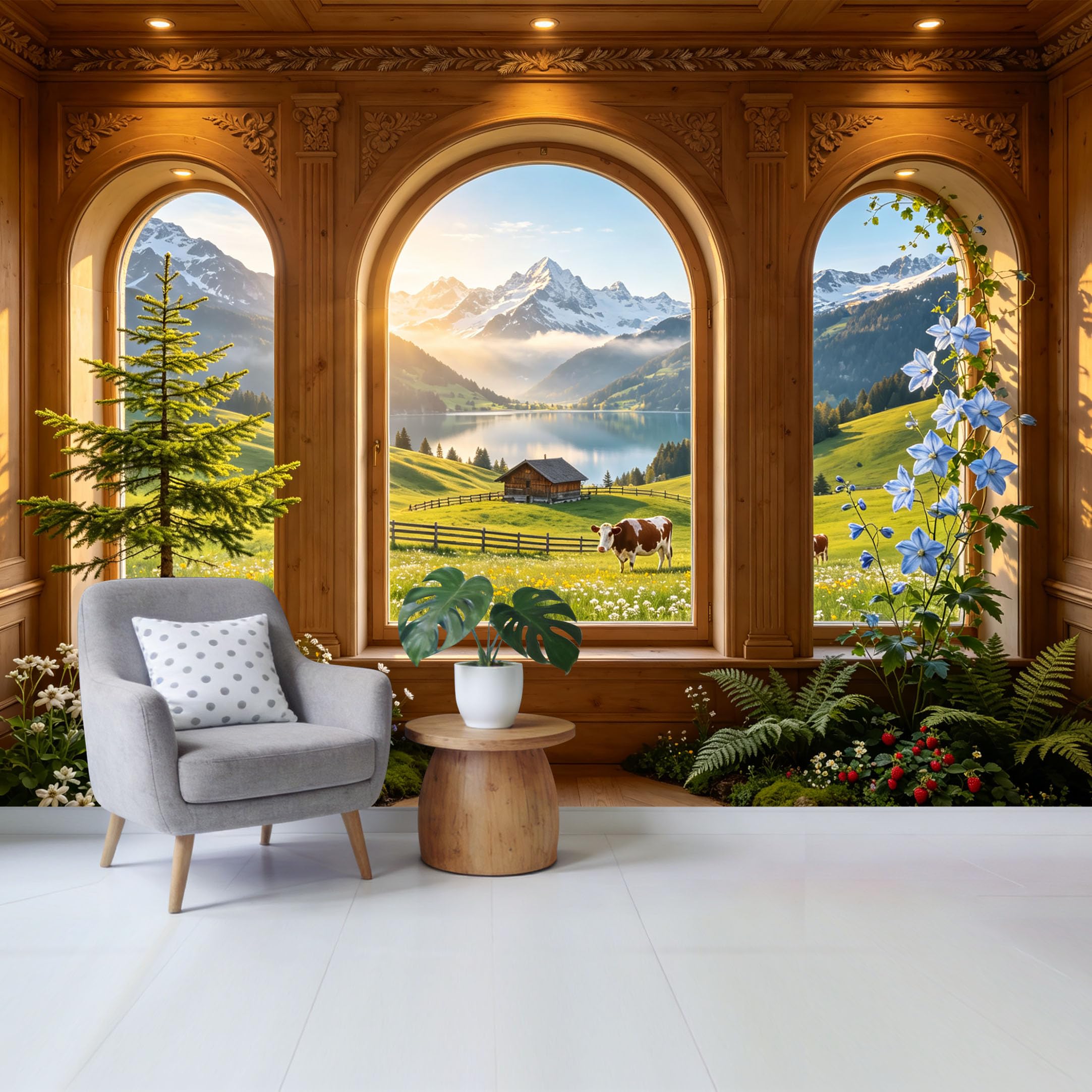 Custom Size Wall Mural Mountain Lake Landscape with Alpine Cabin Cow and Wildflowers Removable Self Adhesive Fabric Home Wall Decor for Living Room Bedroom Bathroom