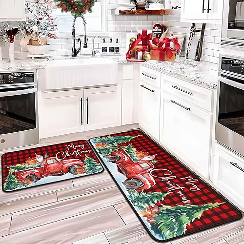 Miniatura 5 de Juego de 2 alfombras y tapetes de cocina de Navidad, decoraciones navideñas para el hogar, tapete de cocina navideño, decoración de Feliz Navidad,