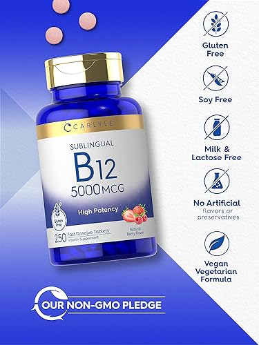 Miniatura 4 de Carlyle Vitamina B12 5000 mcg Sublingual | 250 tabletas de disolución rápida | Alta potencia | Sabor natural de bayas | Vegetariano, sin OMG y sin