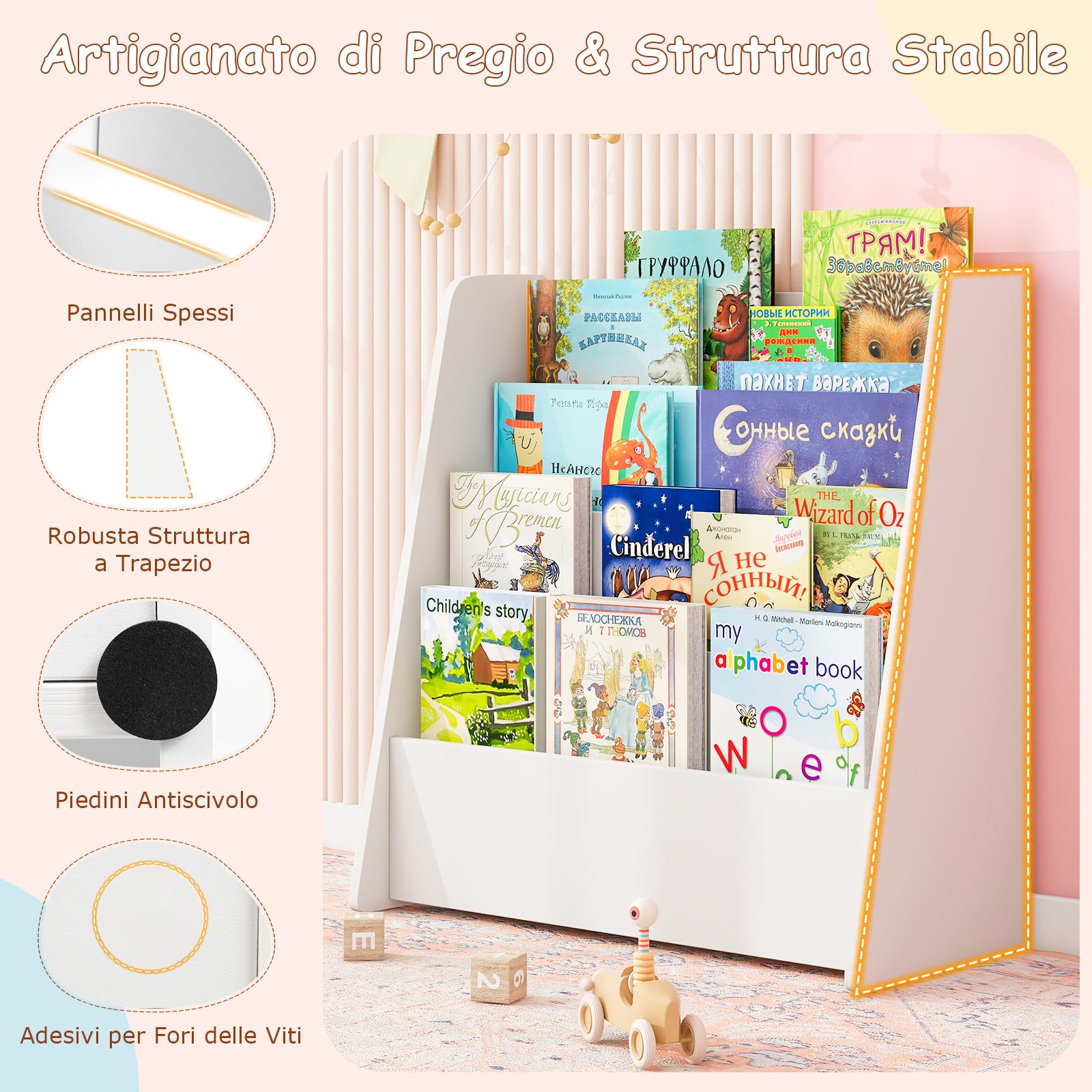 COSTWAY Libreria Montessoriana per Bambini, Scaffale a 4 Ripiani Aperto in Legno con Spazio Nascosto sul Retro, Porta Libri per Cameretta, Stanza dei Giochi e Aula, 57,5 x 26,5 x 59 cm (Bianco)