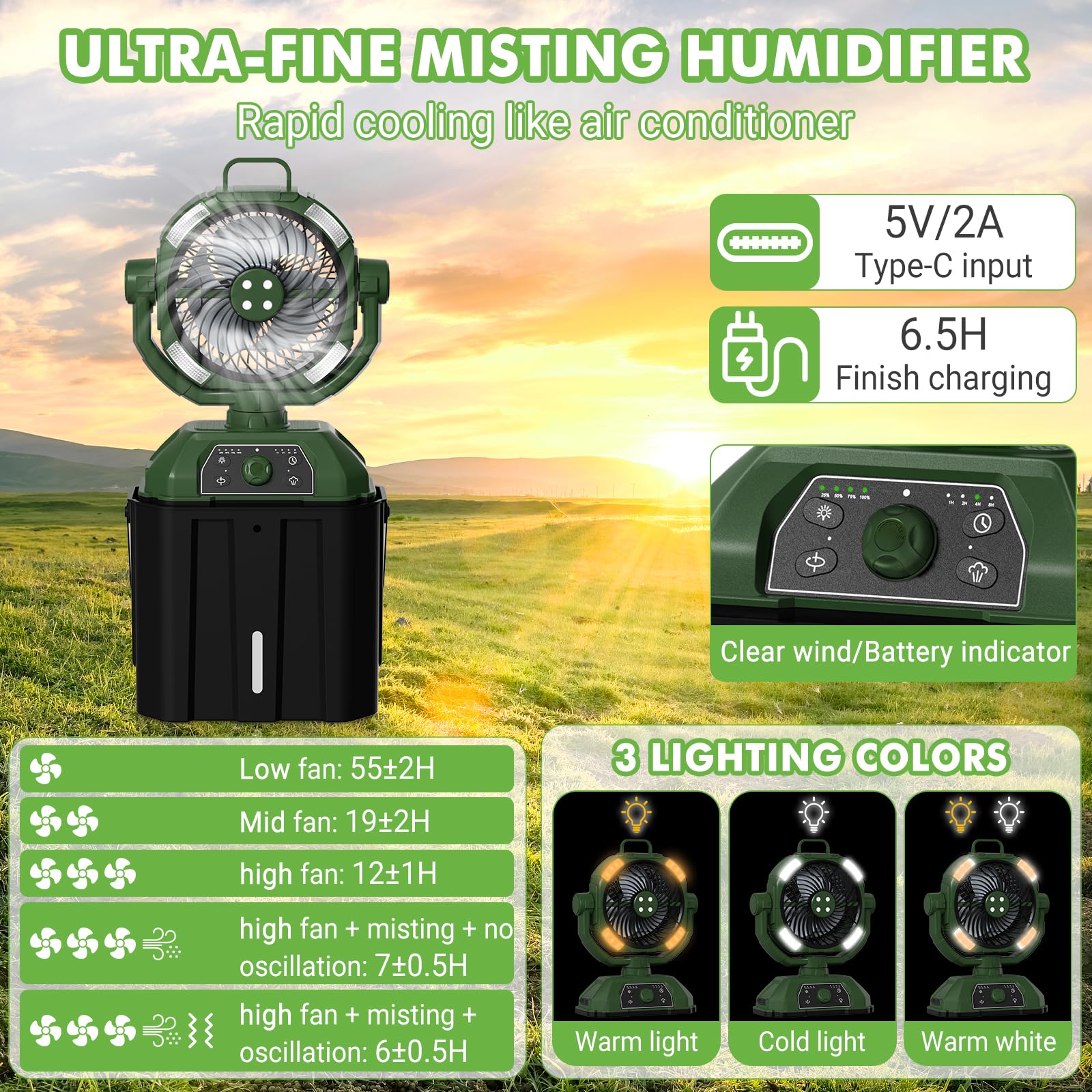 Ventilador de camping con cubo 6L y LED, 20000mAh Battery Portable Misting Fan, 3 modos de nebulización, oscilación vertical 45°, ventilador de nebulización para acampar/pesca/viaje, verde