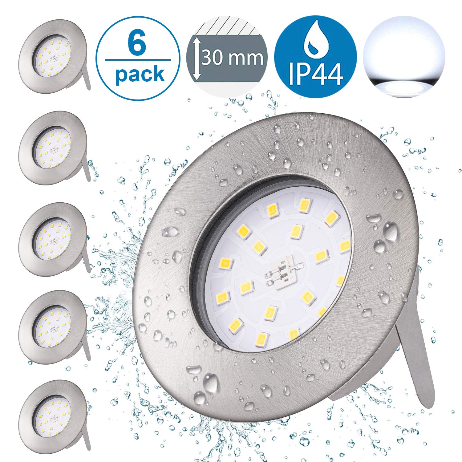 LED Recessed Ceiling Lights Cold White 6000K Ketom 5W Downlights IP44 230V 500LM LED Recessed Spotlights Ultra Slim Round Nickel Led Spot Lights for Bathroom Kitchen, Pack of 6