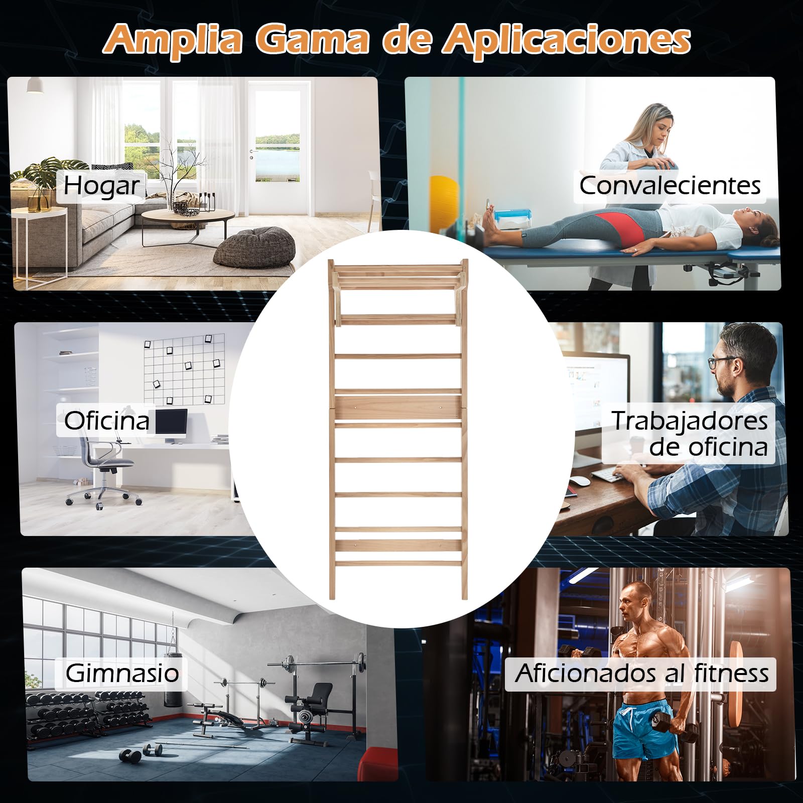COSTWAY Espaldera Gimnasio con 10 Varillas Fijas, Escalera de Gimnasia, Escalera Sueca Niños Adultos, Madera Sólida, 80 x 48 x 195 cm, Carga 100kg