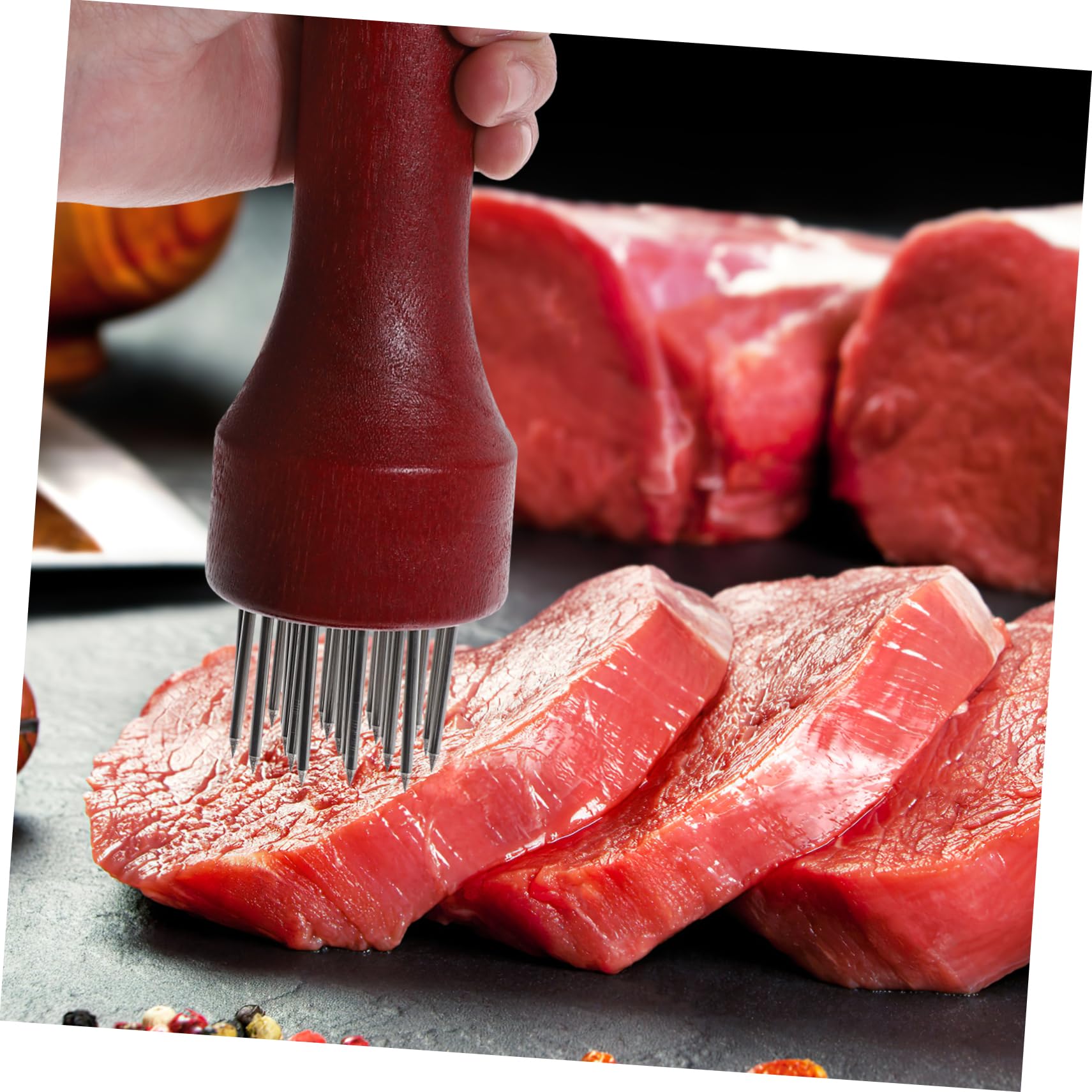 VICASKY Stainless Steel Meat Tenderizer Tool Ergonomic Wood Handle for Tenderizing Beef Pork Chicken and Poultry Easy to Use Kitchen Gadget for Softening Meat Fibers