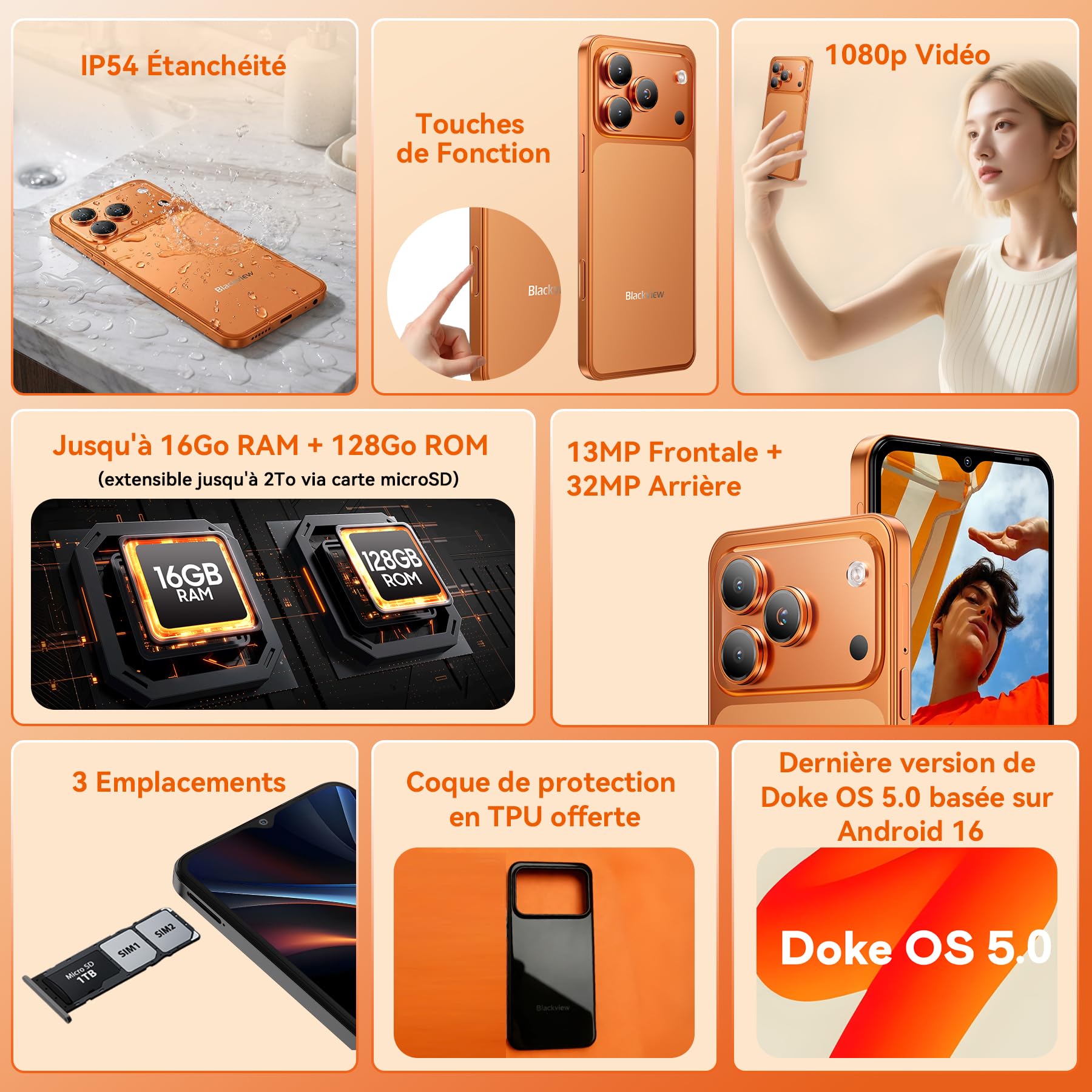 Blackview Wave 7C Telephone Portable Android 16 Smartphones, 16Go+64Go/2To, 32MP+13MP, 5000mAh, 6.56" Smartphon Pas Cher 4G Dual SIM, Téléphone WiFi 5G/GPS/IP54/3 Card Slots/3.5mm/FM/3Ans Garantie