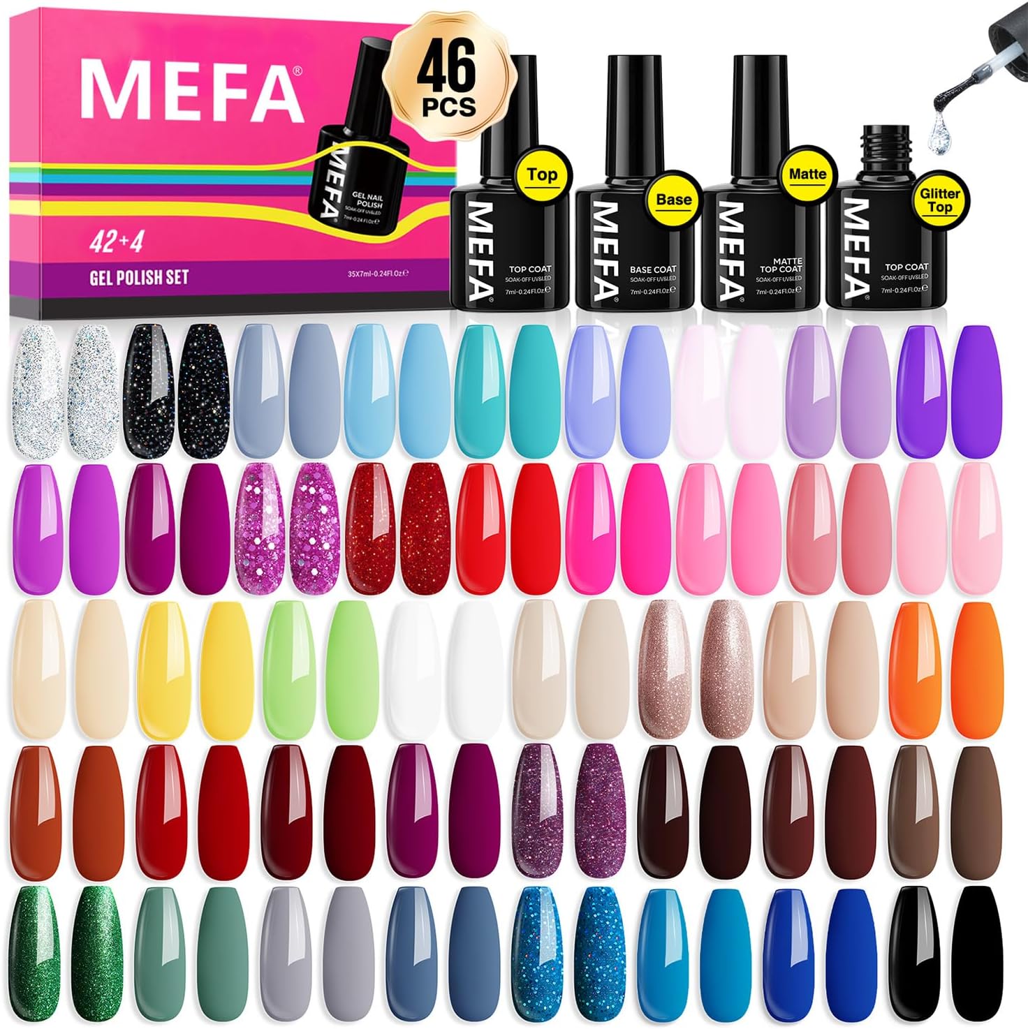 MEFA UV Nail Polish Set, 46pcs Gel Polish with Base and Topcoat Matte Glitter, 42 Colors Gel Polish Shellac Nail Polish UV Gel Set for Nail Art Nail Design