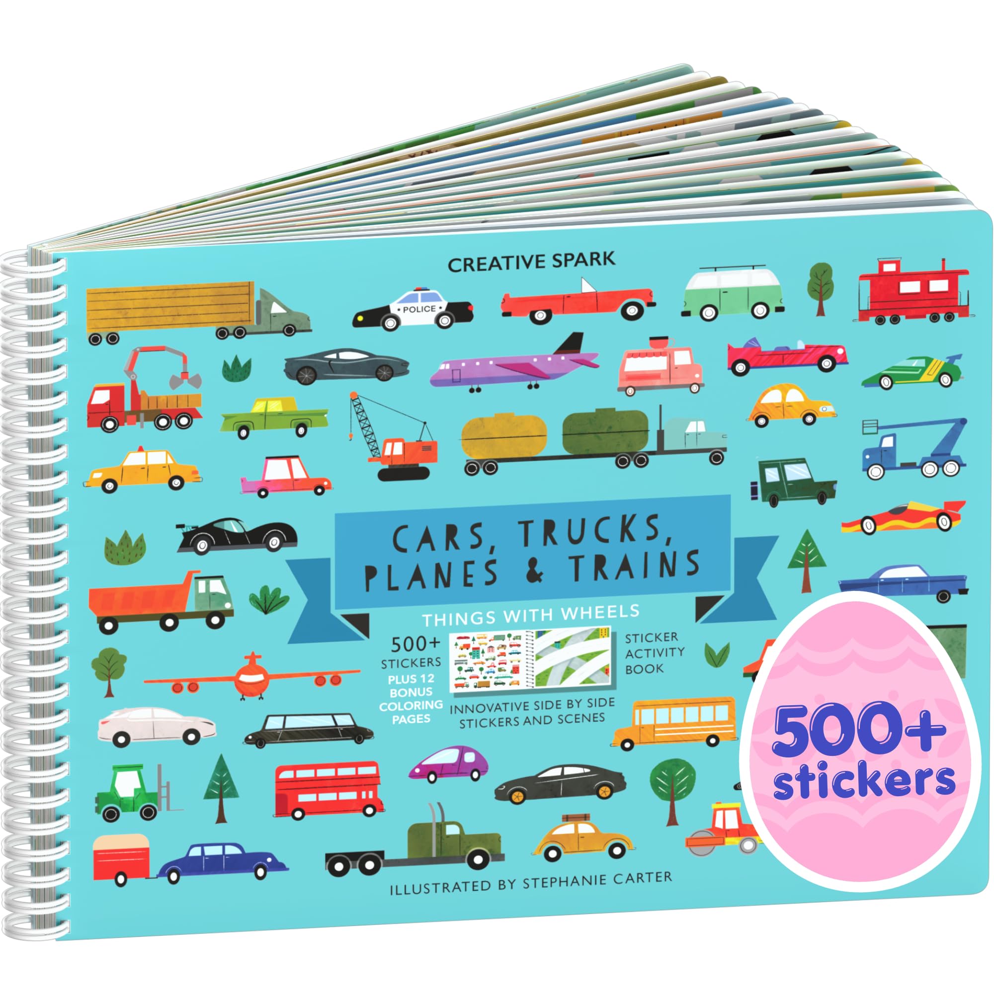 Cars, Trucks, Planes & Trains 500+ Kids Sticker Book by Cupkin Fun Toddler Travel Activity Coloring and Sticker Book, 12 Coloring Pages + Scenes for Children's of 2-8 Years, Valentines Gifts for Kids