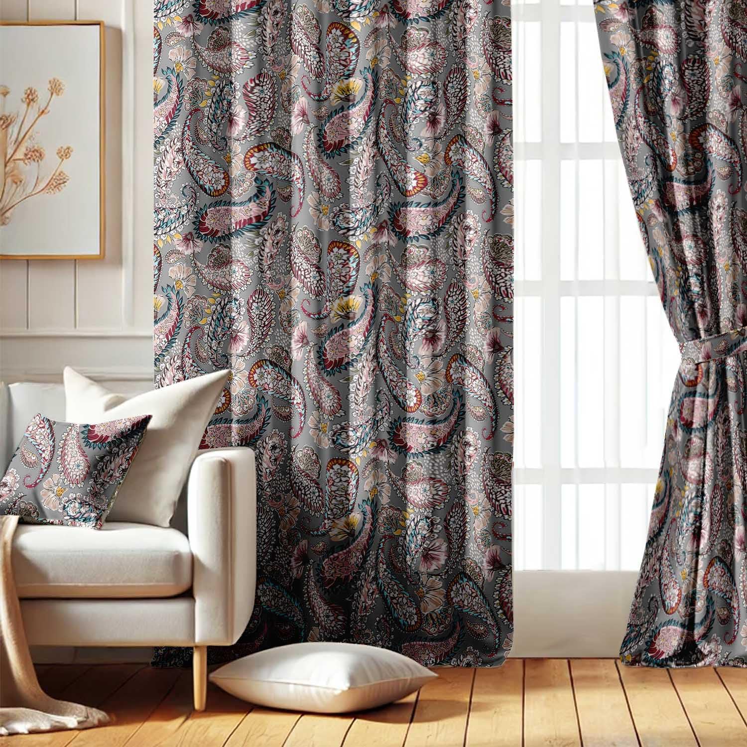 Paisley Garden Design Blackout Curtains - Set of 2 Panels, 42 x 63 Inches Each - Light Blocking & Thermal Insulated Drapes with Grommet Top for Bedroom & Living Room - Gray