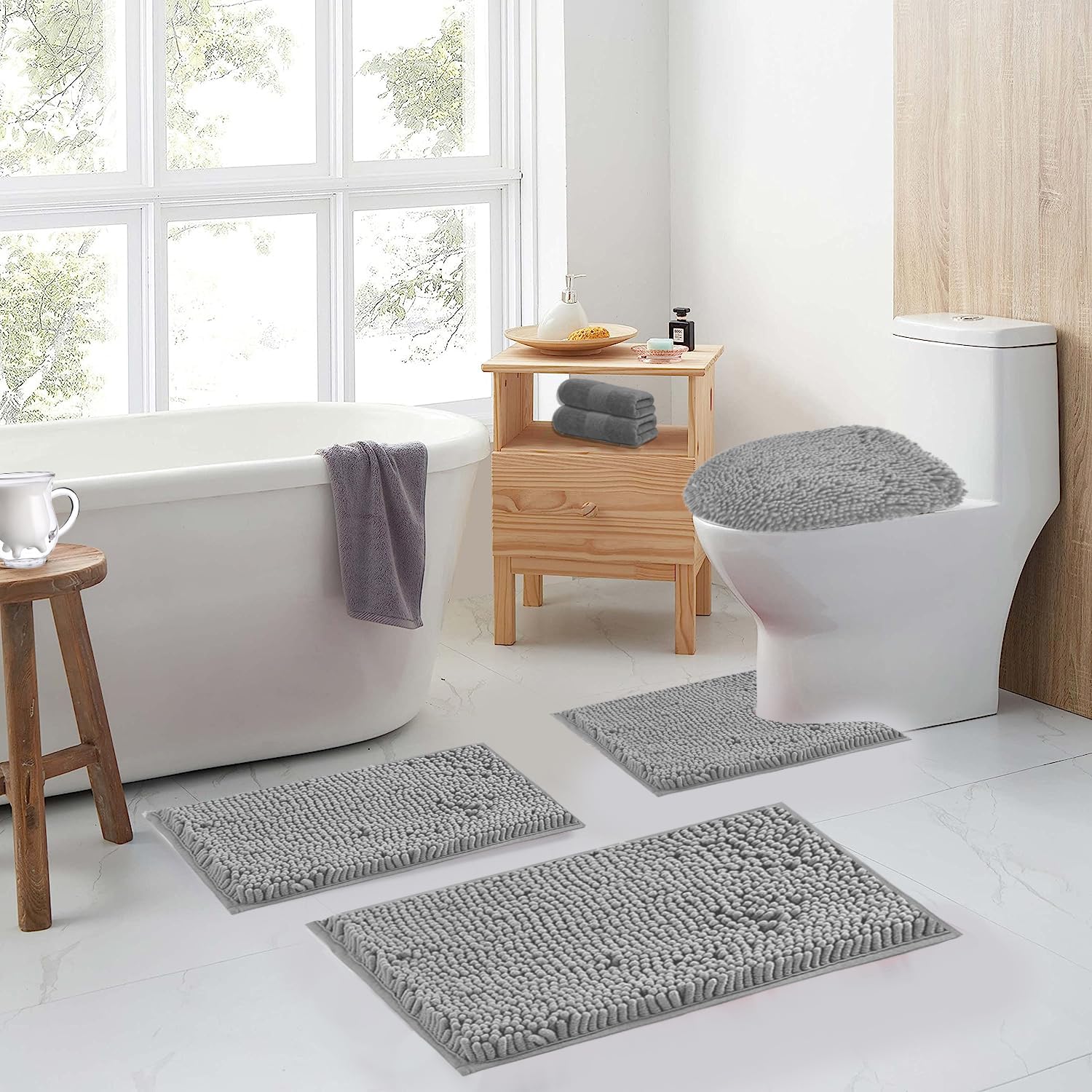 Juego de 4 alfombras de baño con tapa de inodoro, antideslizantes, tapetes de baño de felpilla extrasuaves, alfombras de baño absorbentes, alfombras peludas perfectas de felpa en forma de U para 2