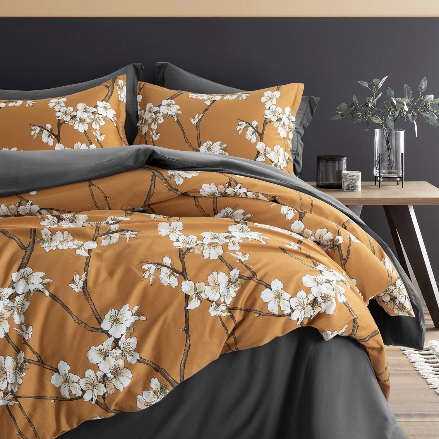 Eikei Almond Tree Blossom Floral Duvet Cover Chinoiserie Chic Style Blooming Trees Vines and Branches Long Staple Cotton 3pc Bedding Set Asian Garden (Ocher, King)