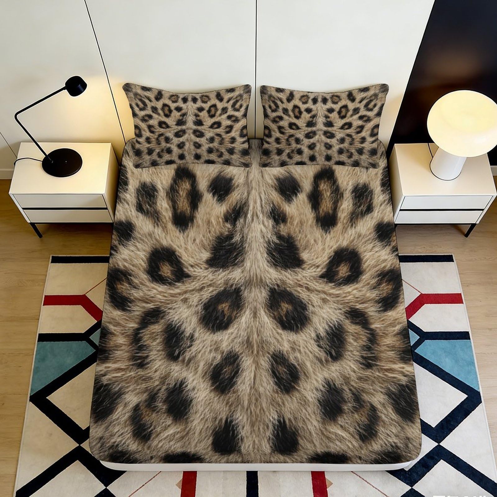 3D Printed Leopard Fur Fitted Sheet Microfiber Soft Animal Pattern Mattress Cover for Bedroom Dorm Mattress Protection Decor 180x200x25cm