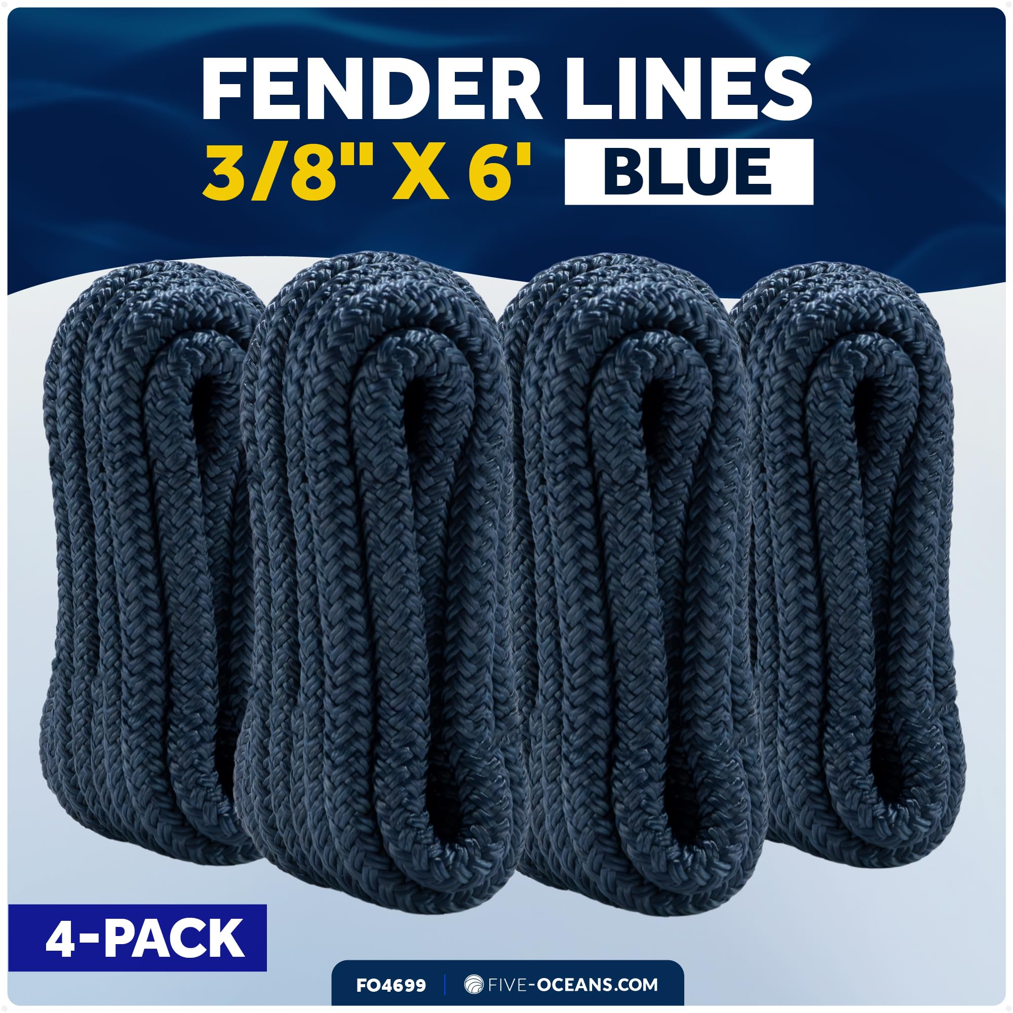 Five Oceans 4 x Bootsfenderleinen mit 12,7 cm Öse, Bootsseile zum Andocken mit Schlaufe, Marineblau, Premium-Nylon, doppelt geflochtenes Bootsseil – FO4699
