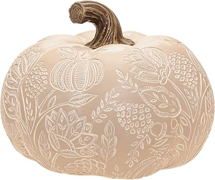Boston International Pumpkin Thanksgiving Halloween Decorations for Home, Medium, Francis Cream Engraved