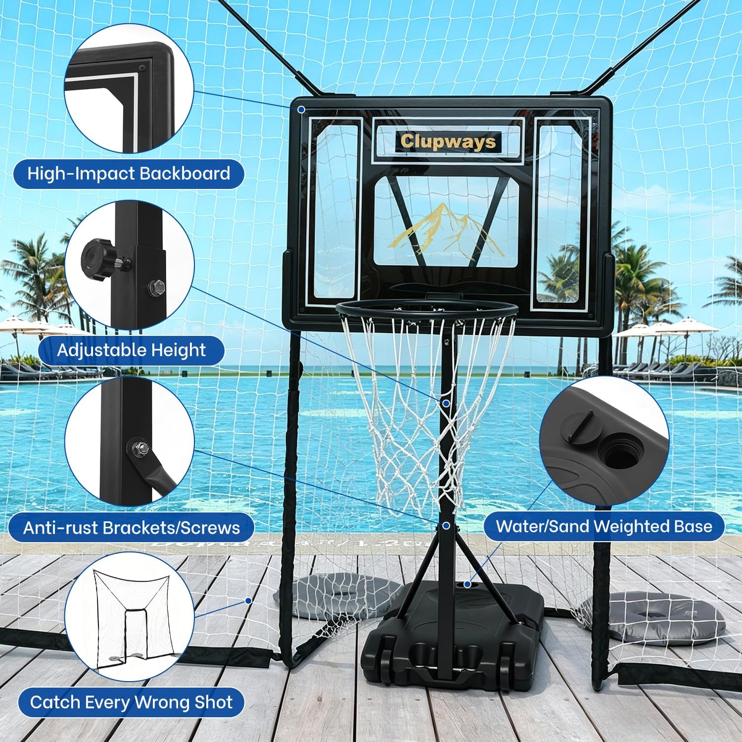 Pool Basketball Hoop with Backstop Height Adjustable Poolside Basketball Hoop for Pool with 10x8 FT Ball Backstop, Water Weighted Base | Includes a Ball & Pump | 12-Month Warranty