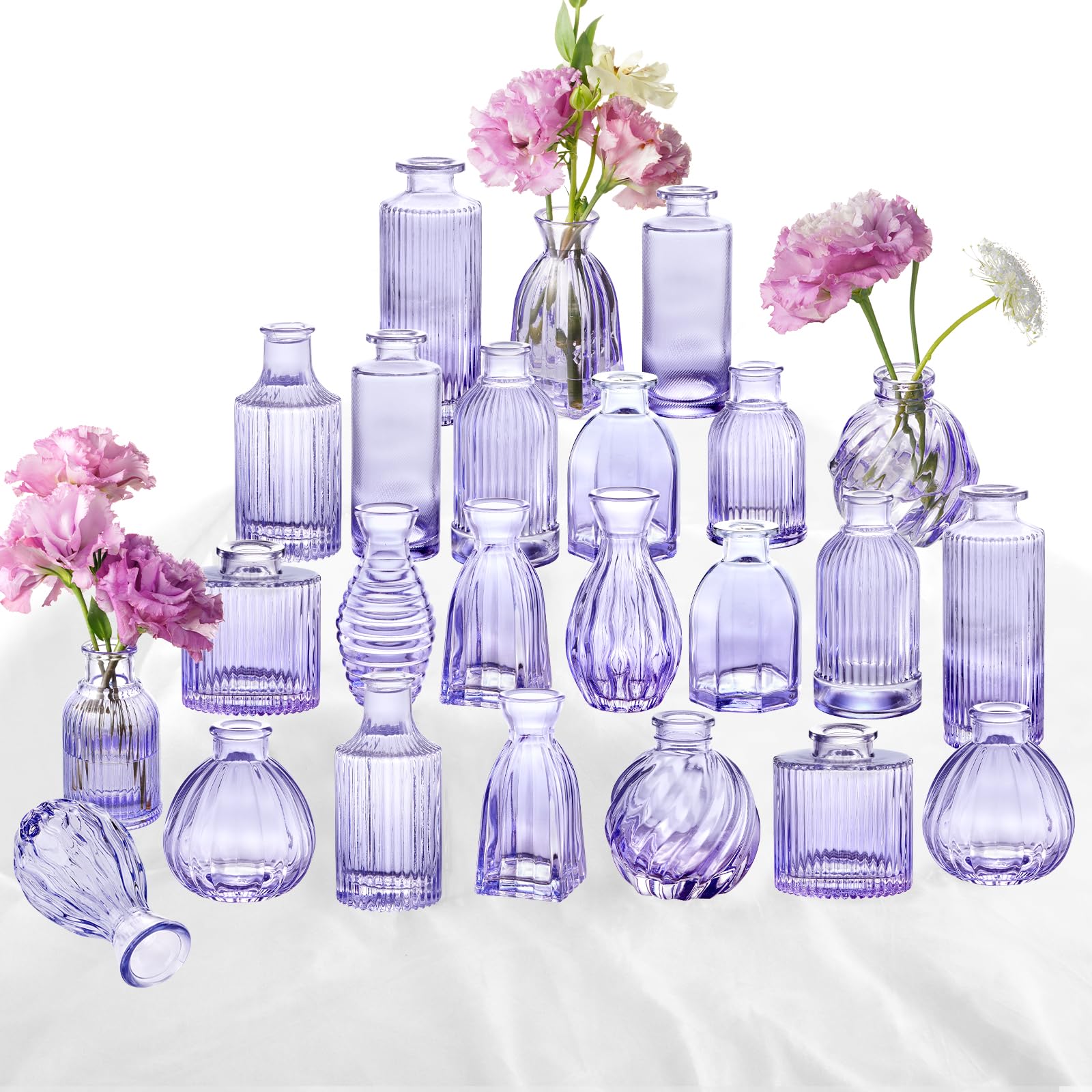 Glasvasen, 61 cm, kleine Violette Vase, Glasvasen für Blumen, Moderne, gerippte, farbige Knospenvase für Dekoration, Hochzeit, Blumenvase in Großpackung, Vintage-Dekor, Brautparty, Tafelaufsatz