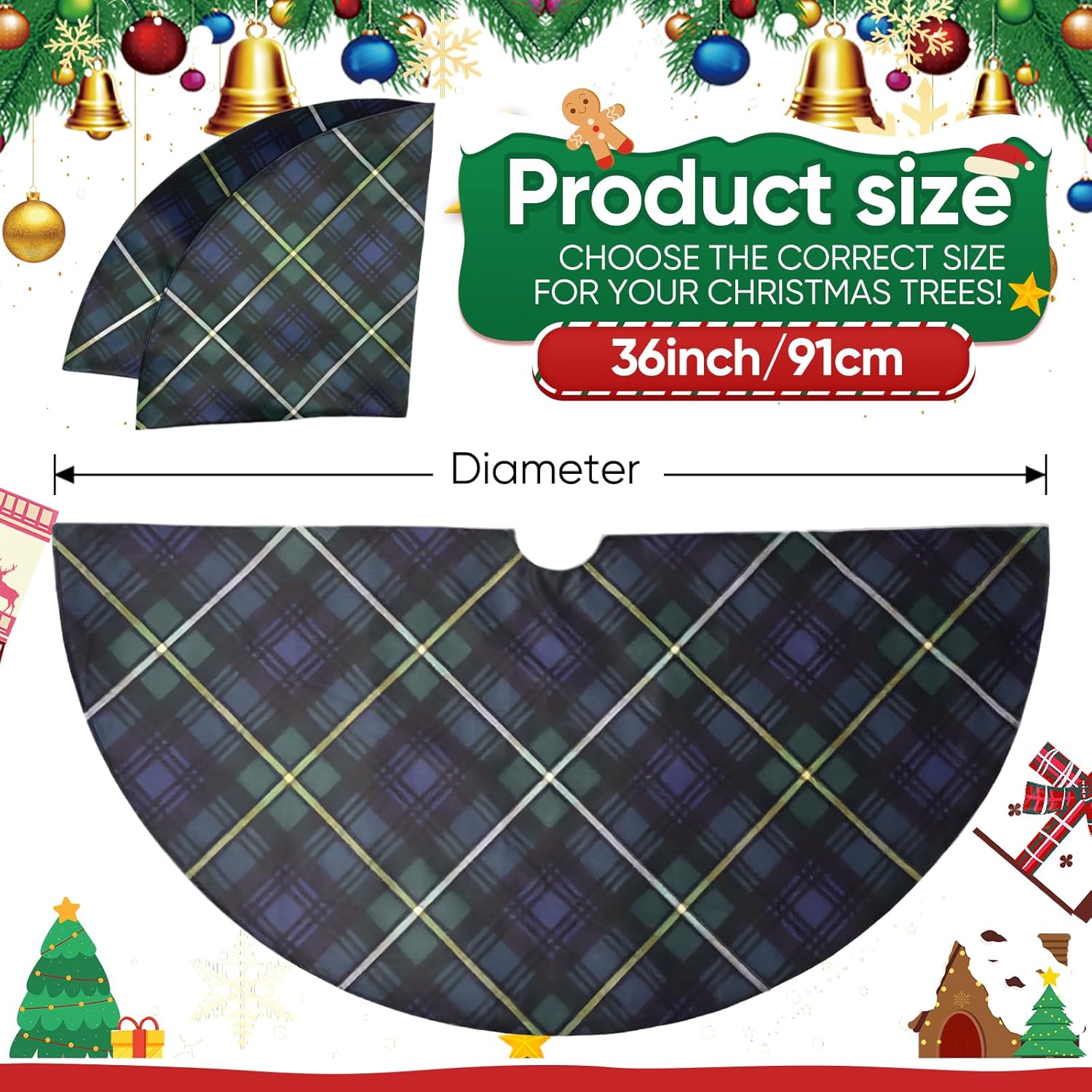 Christmas Tree Skirt 36 Inch – Campbell Clan Tartan Navy Blue and Green Plaid Tree mat for 4–6 FT Slim to Standard Xmas Trees, Classic Scottish Holiday Decor for Home or Office