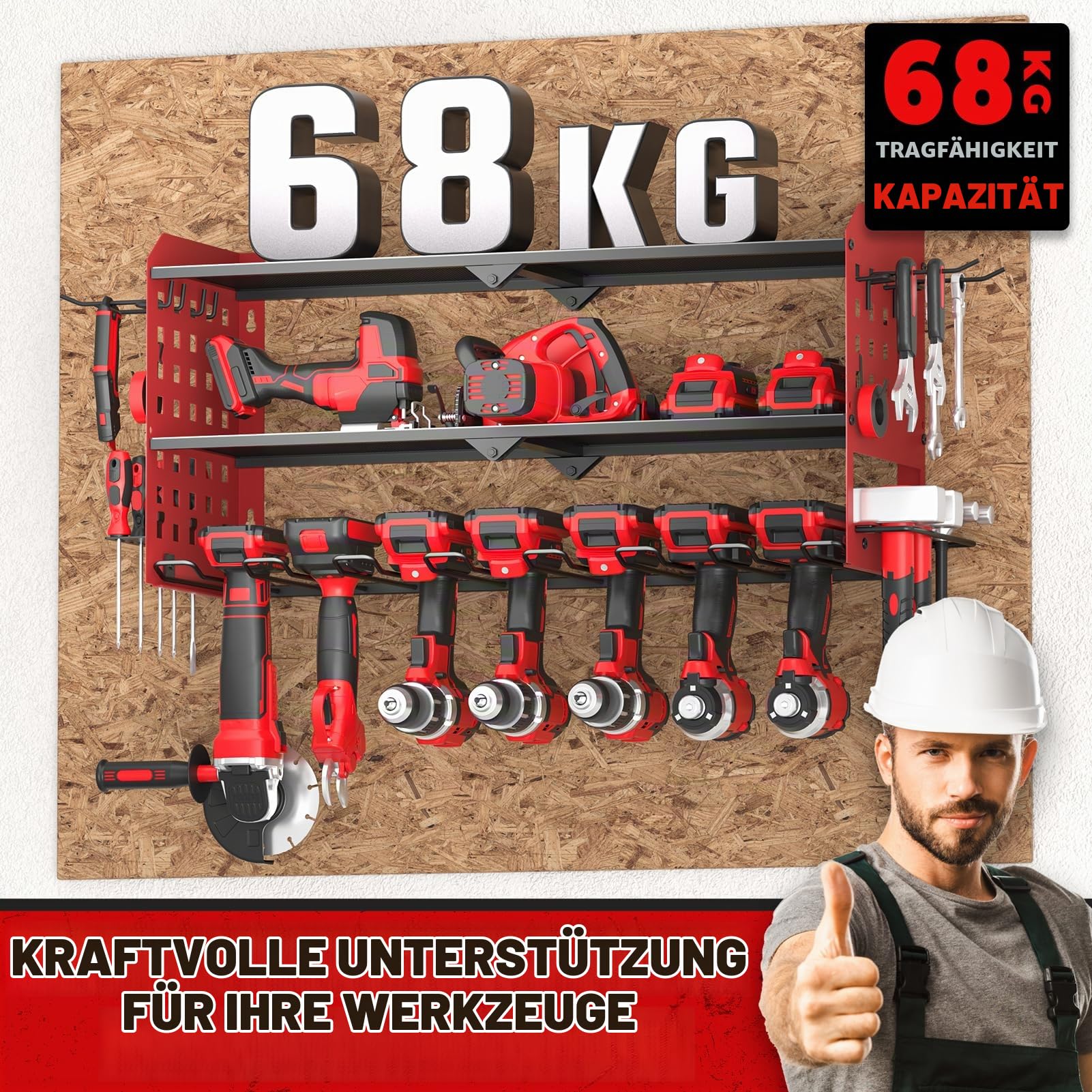 Yeabett 3 Ebenen Werkzeug Wandhalterung, Werkzeugspeicher Aufbewahrung für 7 Elektrowerkzeug, Werkzeug Wandhalterung für Garage, Werkstatt, 64 * 20 * 31cm (Rot)