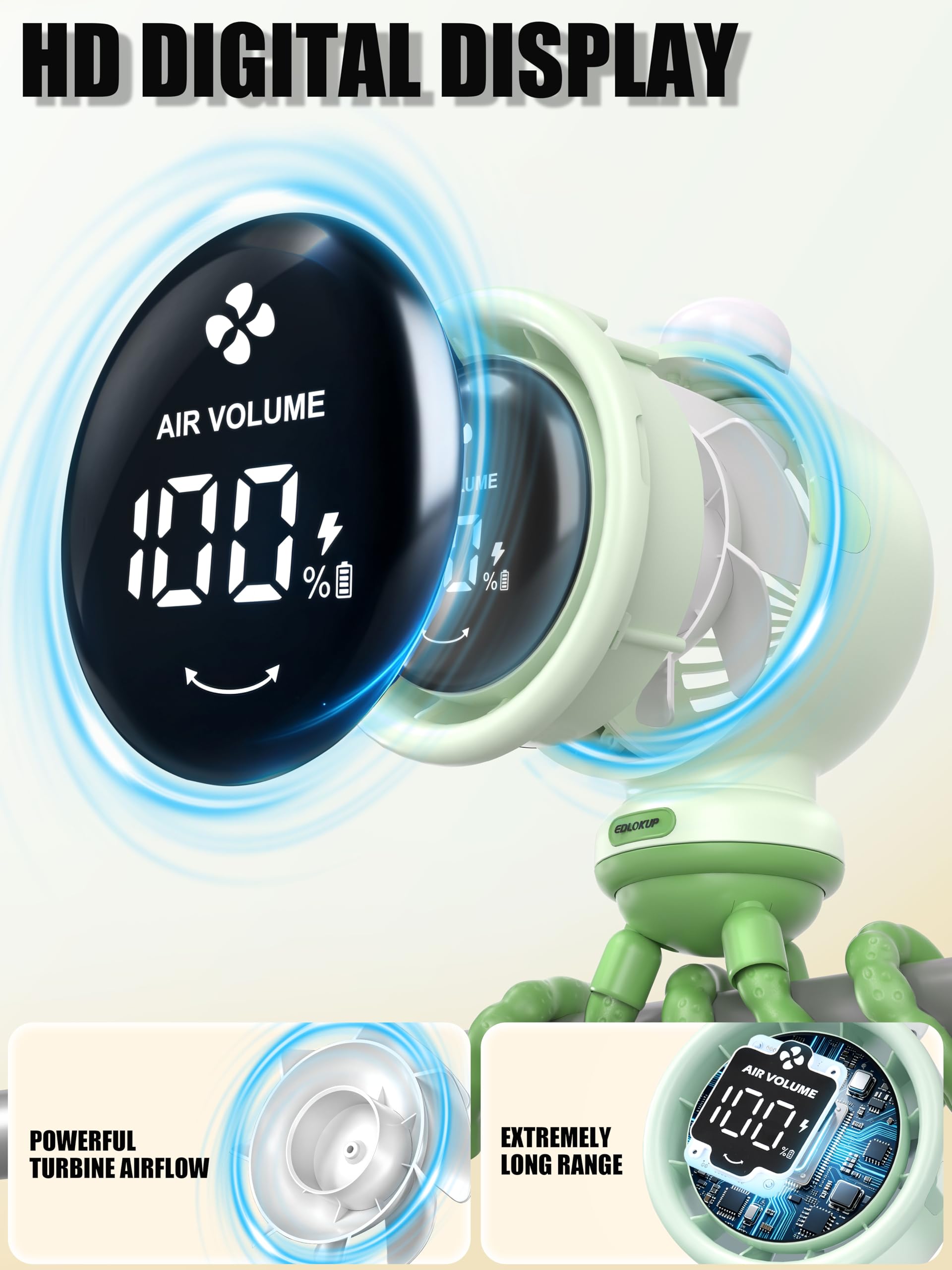 Mini ventilatore portatile per passeggino, oscillazione automatica, velocità continua, display, luce notturna a LED con clip sui ventilatori, accessori per passeggini alimentati a batteria, verde