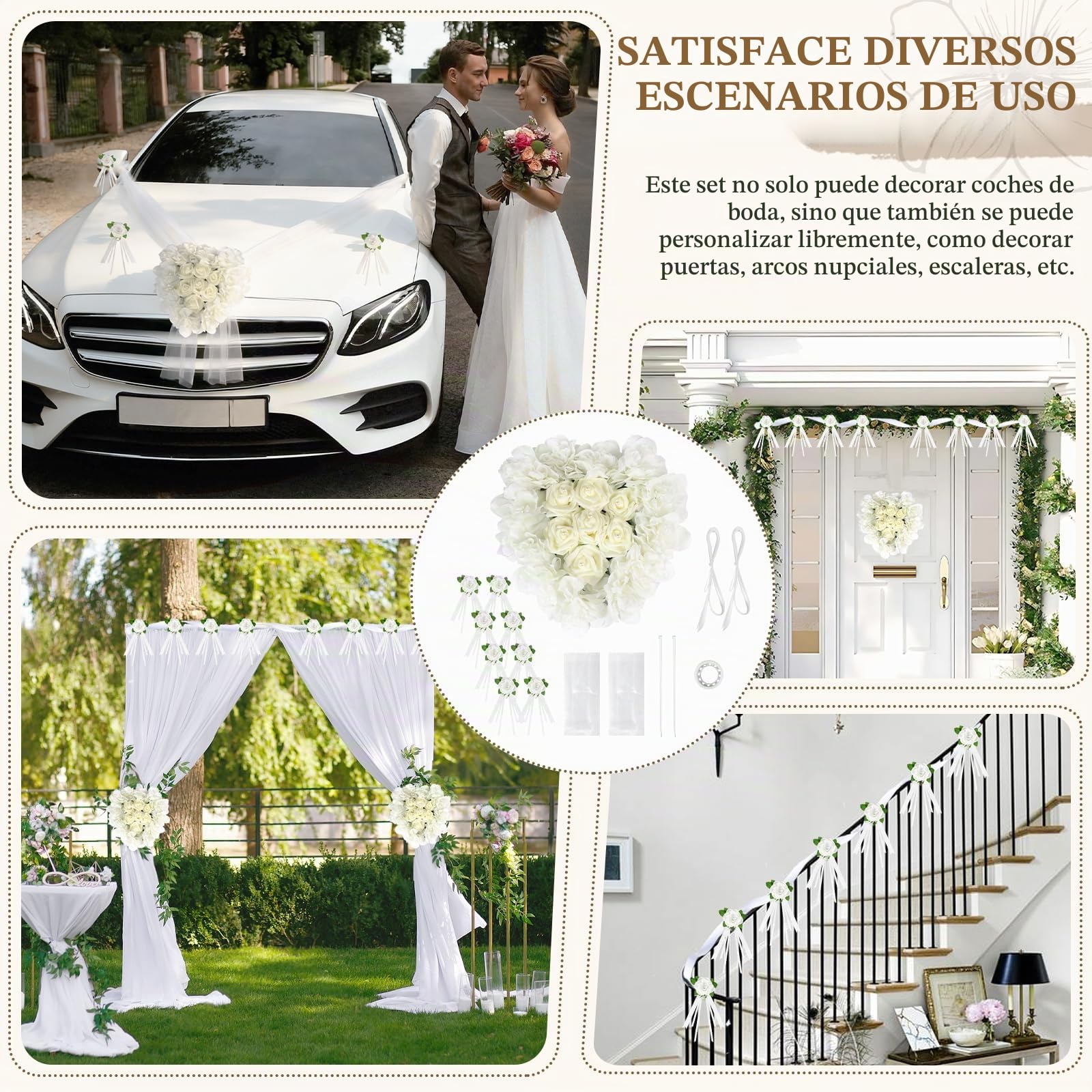 Decoración para Coche de Boda en Forma de Corazón, Set con 1 Guirnalda Corazón, 4 Flores para Manijas, 2 Cintas de Tul (1,8m), etc. – Para "Just Married", Despedida de Soltera y Ceremonia