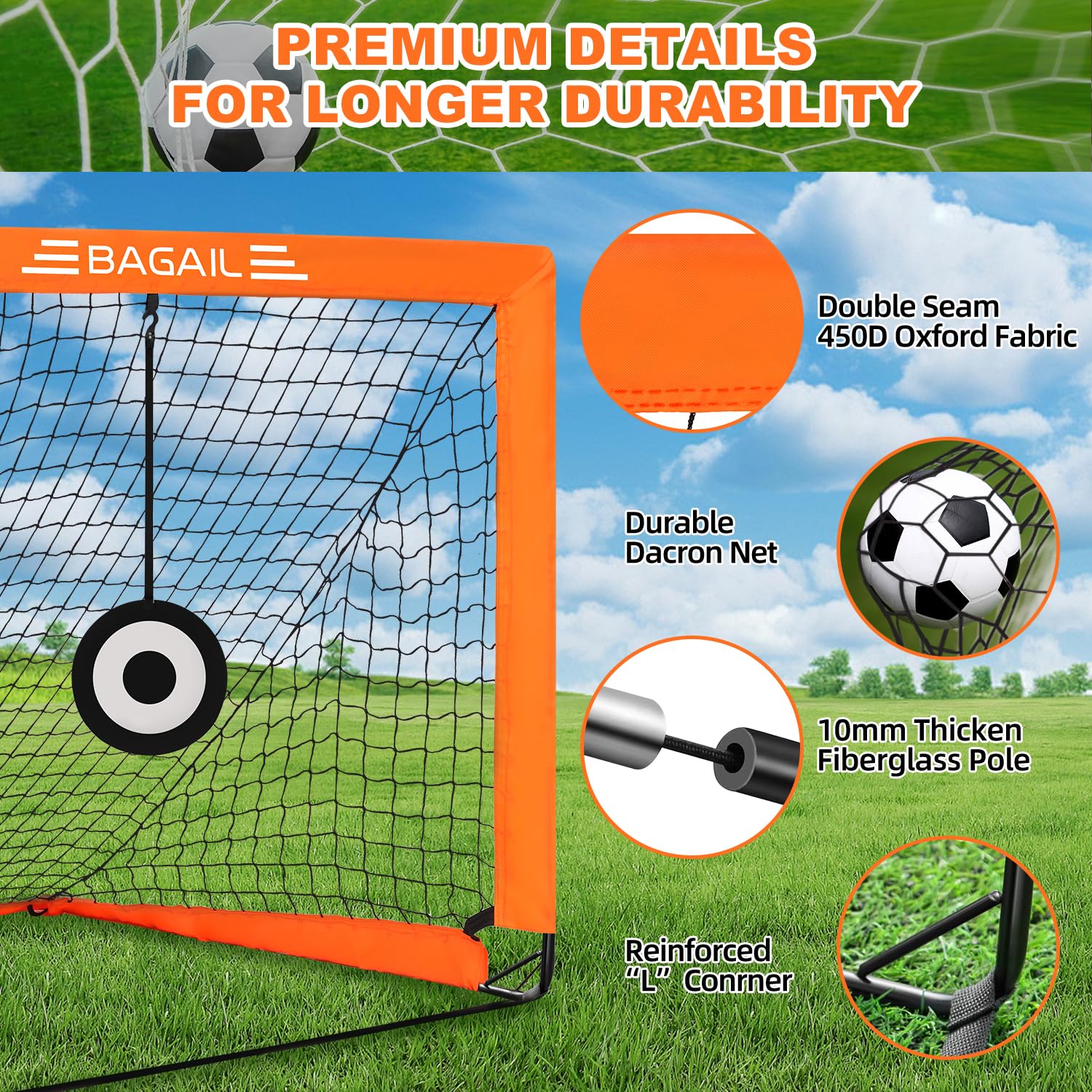 BAGAIL Portería de fútbol, Red de fútbol desplegable con portería, piquetas y Bolsa de Transporte portátil, fácil de Montar, Ideal para Entrenamiento en el jardín y Partidos recreativos.