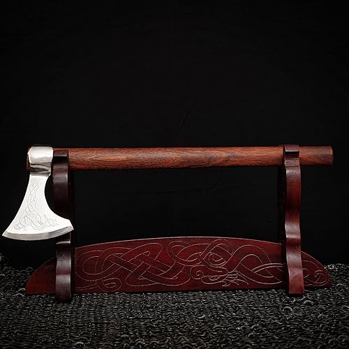 Miniatura 2 de Espada de un solo nivel hecha a mano de madera maciza auténtica, soporte para hacha con diseño de serpiente vikinga grabada, 17 x 8 pulgadas