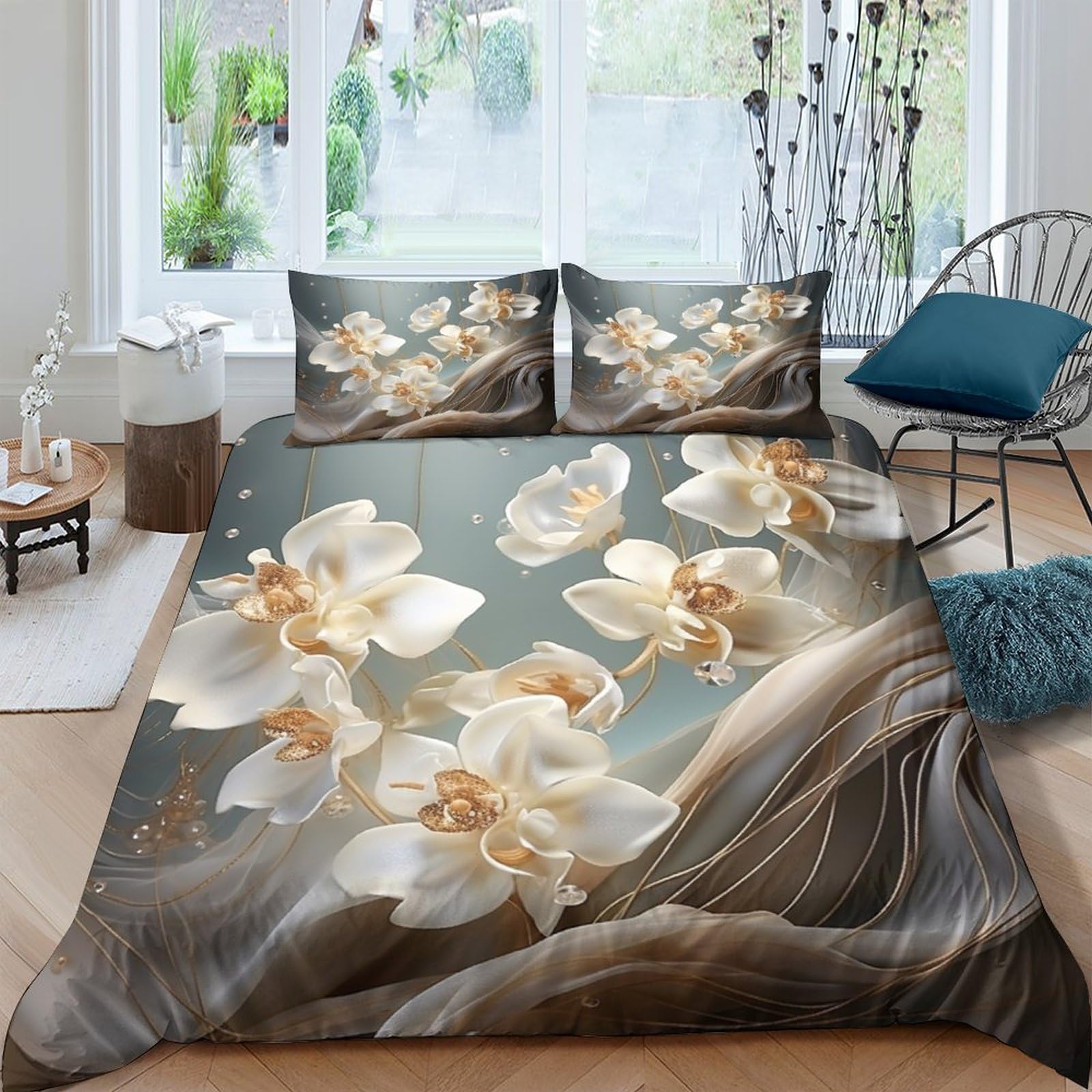 HOTGE Floral 3D Printed Duvet Cover Set Soft Microfiber Bedding Set for Adults Teenager Kids 3Pcs with Zipper Closure for Home Decoration Quilt Cover,Grey White Theme Double(200x200cm) — image 1