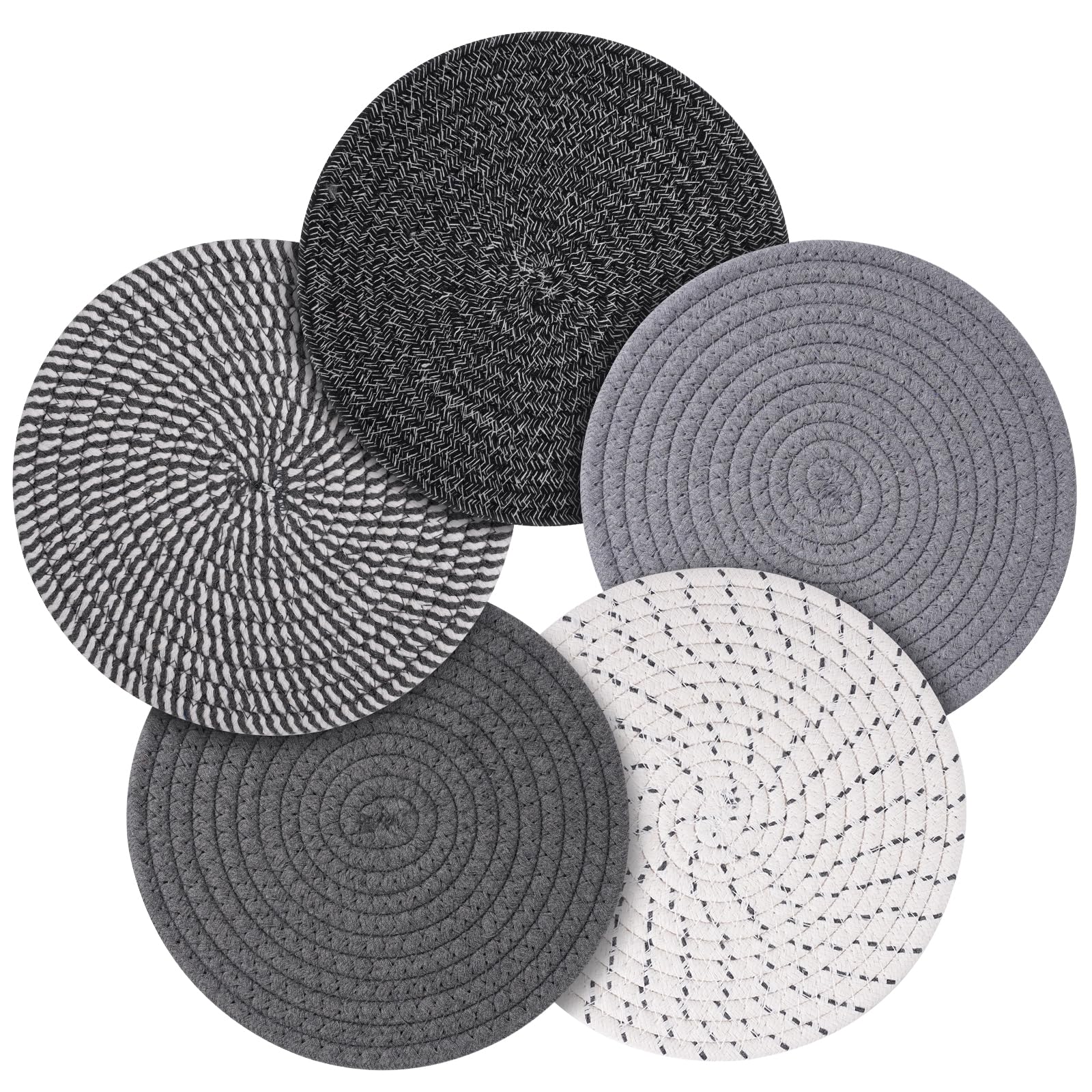 Geichan Pot Holders Trivets Set 5 Pcs,Heat Resistant Large Coasters for Kitchen,Hot Plate Mats for Table and Countertops, Farmhouse Decor (Blackwhite Series)