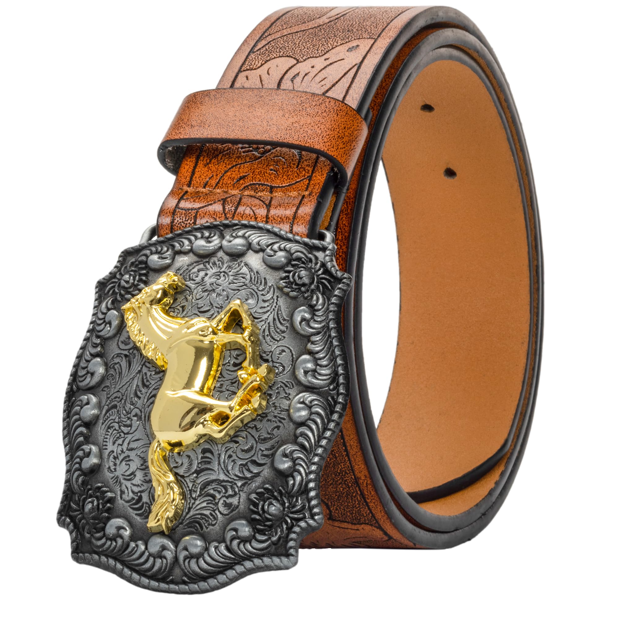 Western PU Leathers Cowboy Buckle Belt For Men And Women Jeans Engraved Floral Metal Bull Buckle Belt